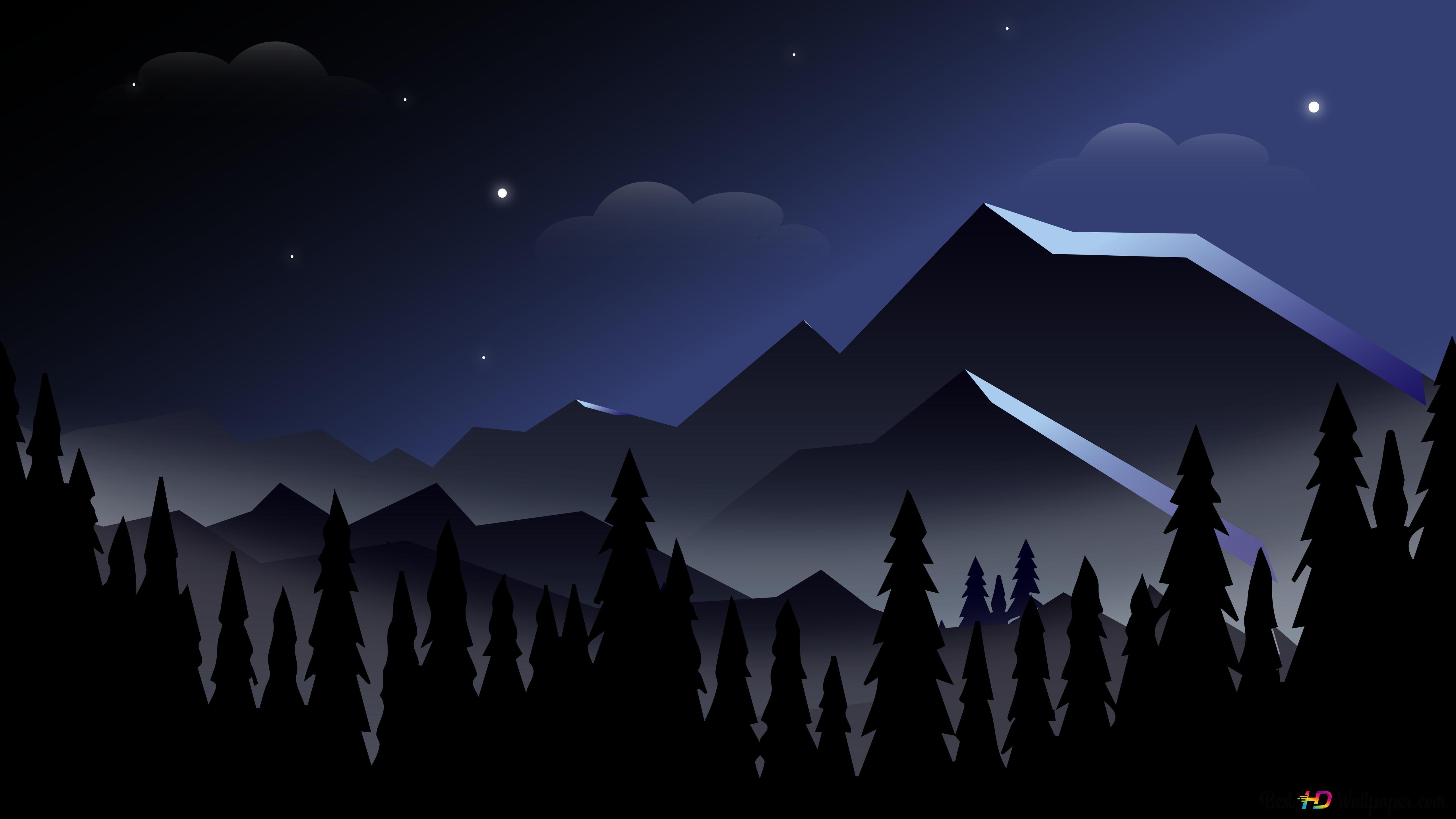 5120x2880 Mountain and tree silhouettes with night star view 8K wallpaper download