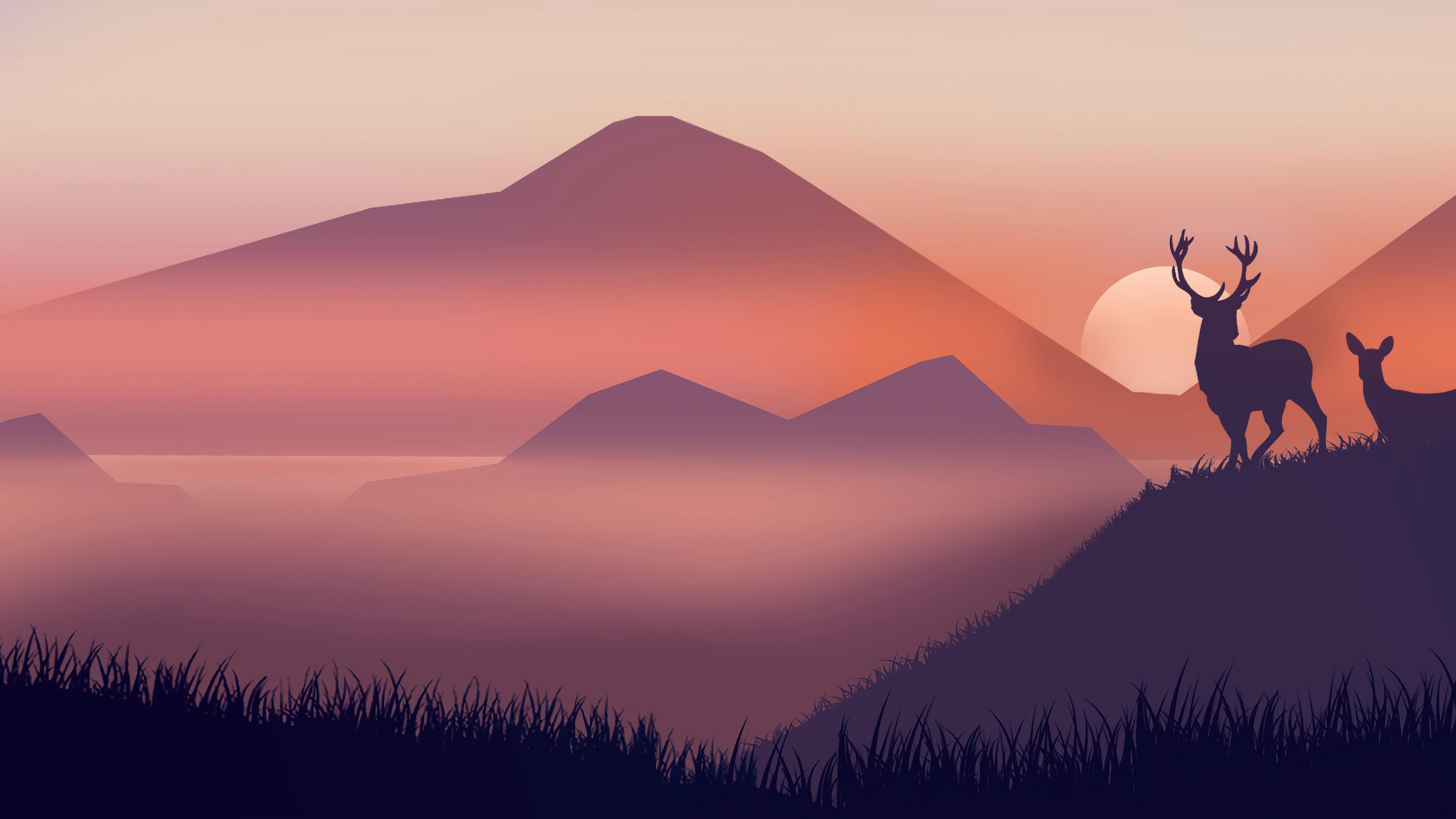3840x2160 wallpaper, minimalist, sunrise, deer, silhouette, 4k, HD Gallery HD Wallpaper
