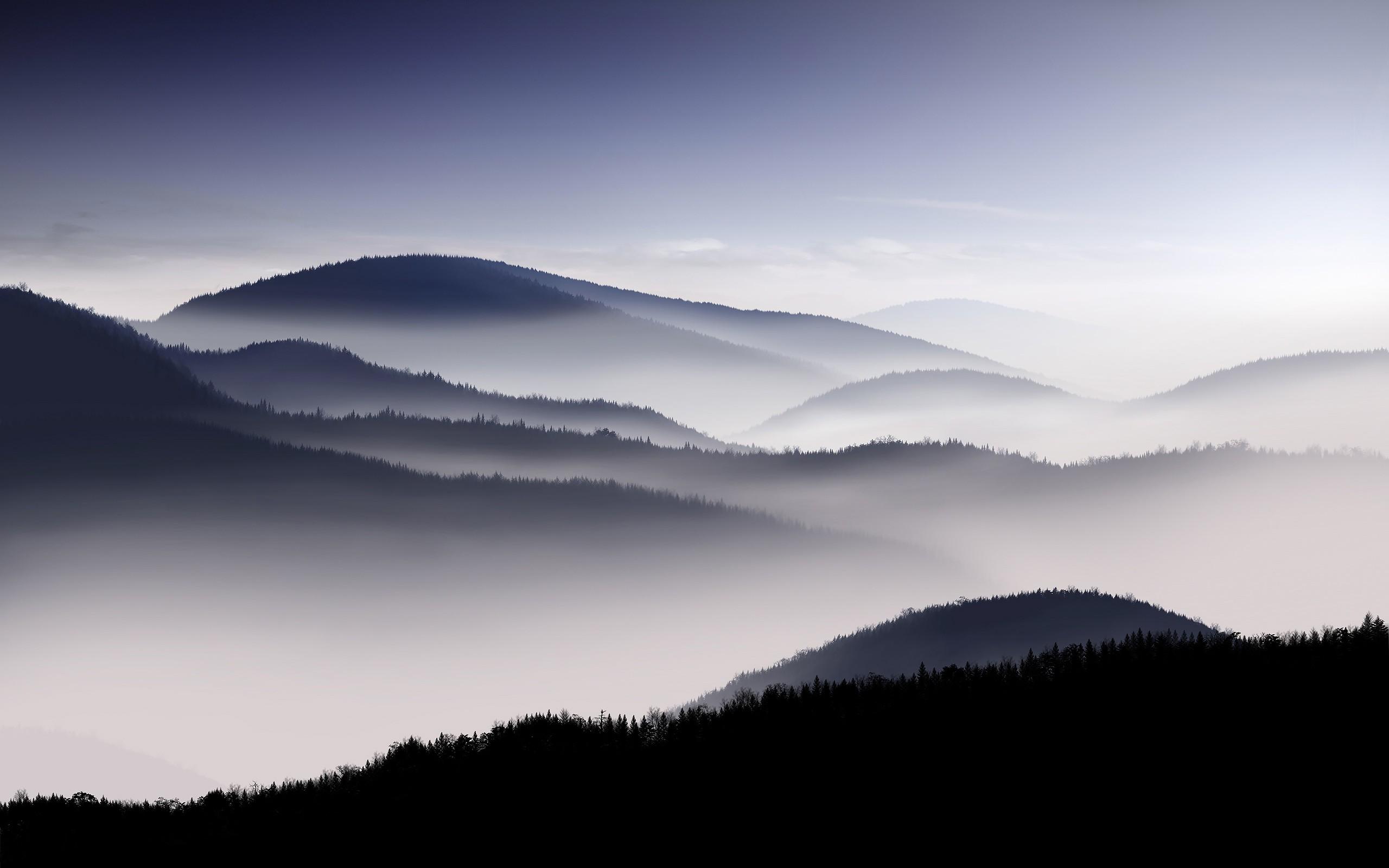 2560x1600 silhouette, mist, landscape, mountains Gallery HD Wallpaper