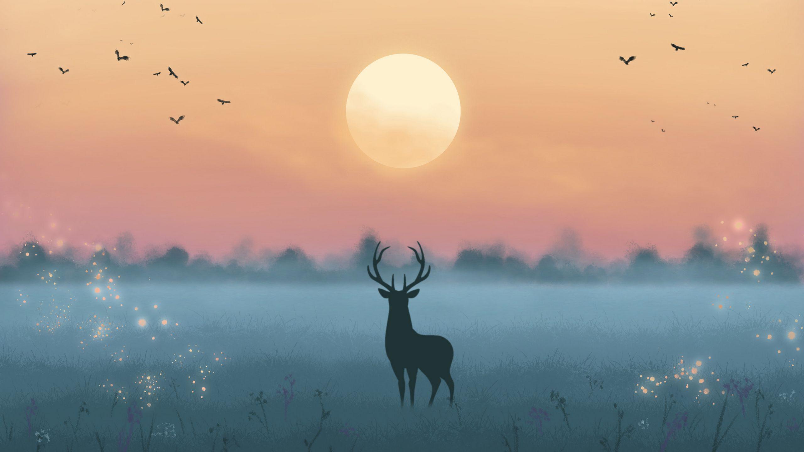 2560x1440 Download wallpaper 2560x1440 deer, silhouette, moon, night, art widescreen 16:9 HD background