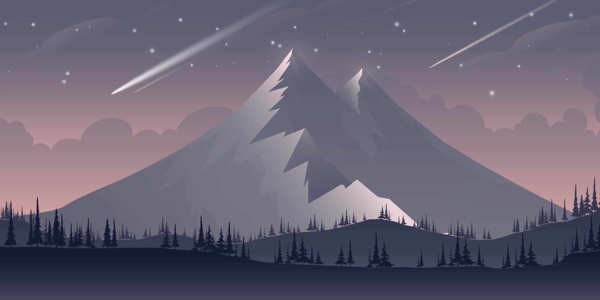 1920x960 Mountain landscape and stars in the sky. Meteor, gradient mountain silhouette