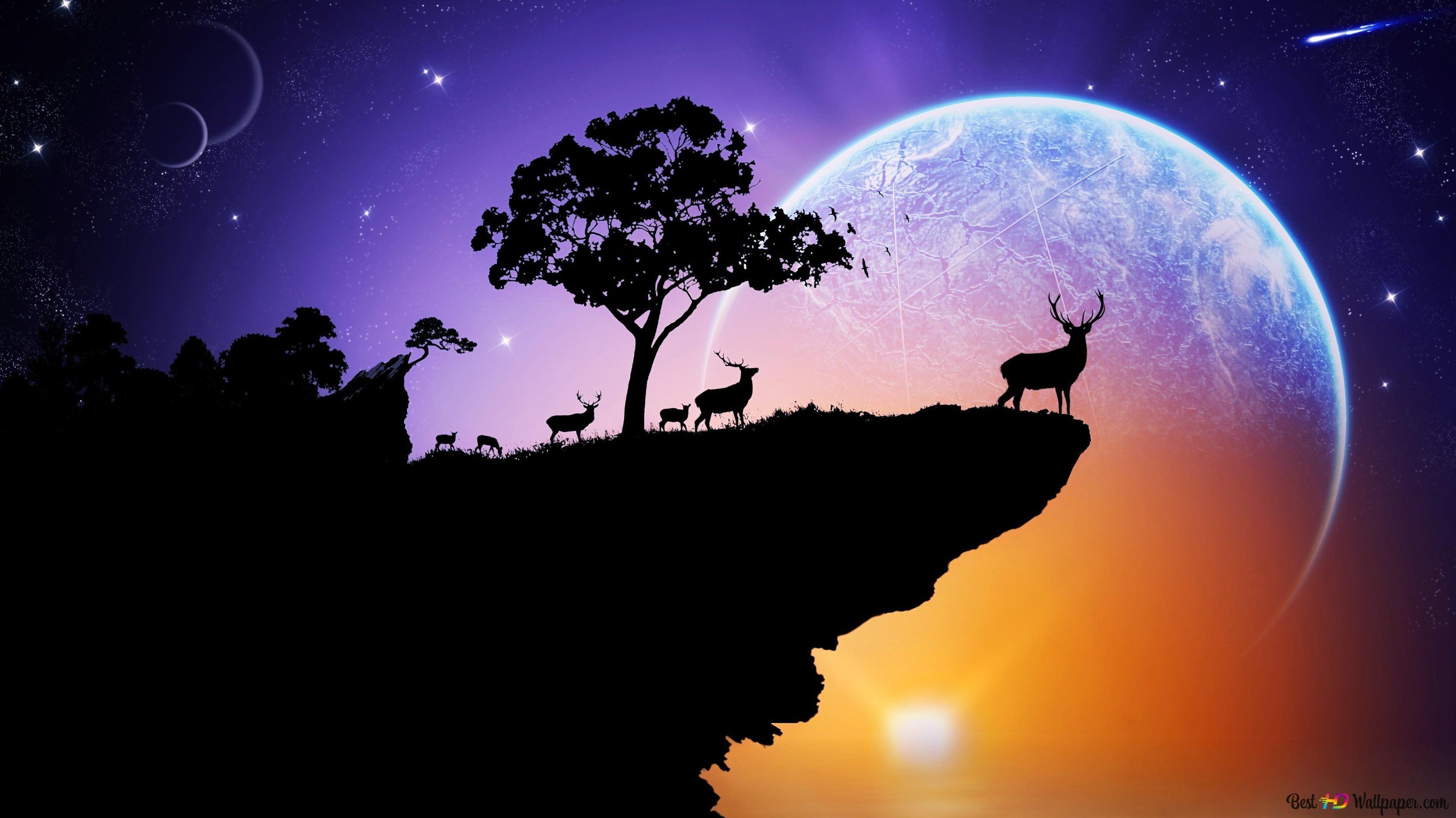 3554x1999 Night view of full moon and stars and silhouette of mountains with deer 4K wallpaper download