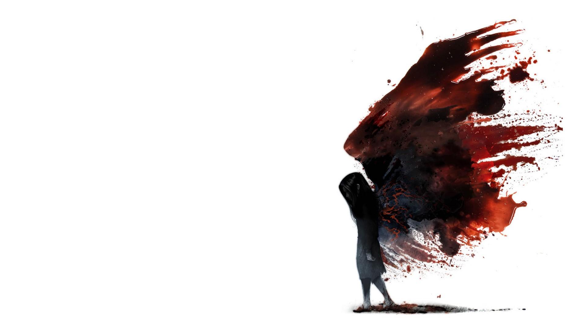 1920x1080 artwork, demon, F.E.A.R. 2: Project Origin, walking, painting, dark hair, sad, white background, little girl, paint splatter, dark, blood, angel, fantasy art, minimalism Gallery HD Wallpaper