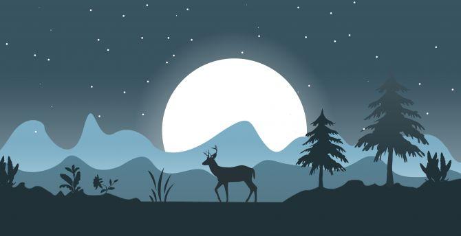 670x344 Wallpaper deer, forest, outdoor, moon, minimal, art desktop wallpaper, HD image, picture, background, 1471ec
