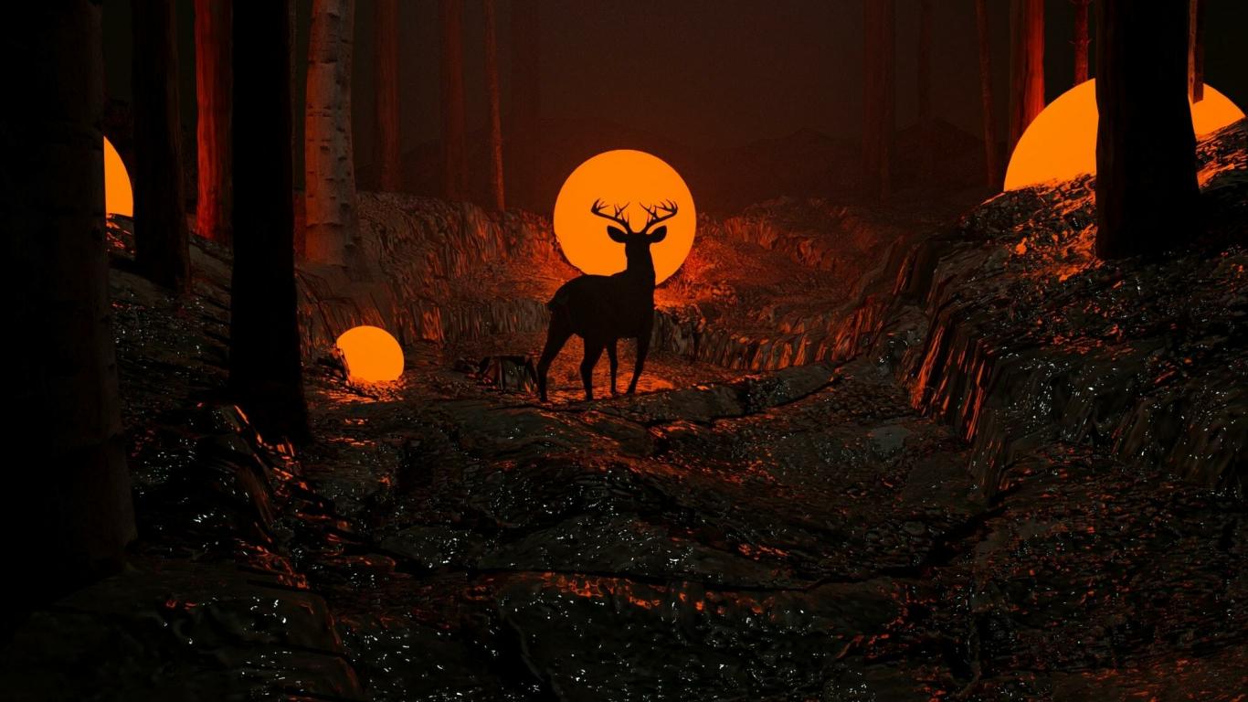 1366x768 Deer silhouette dark night forest wallpaper background
