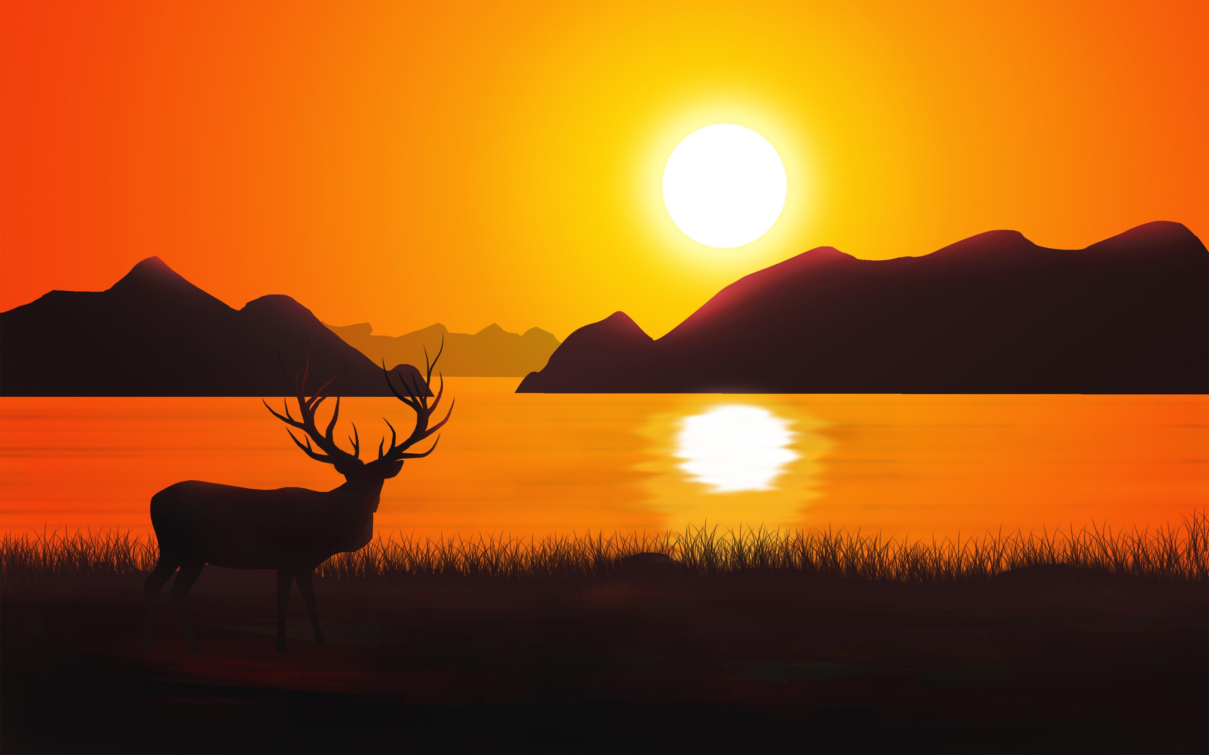 3840x2400 Sunset Deer Silhouette Abstract Design