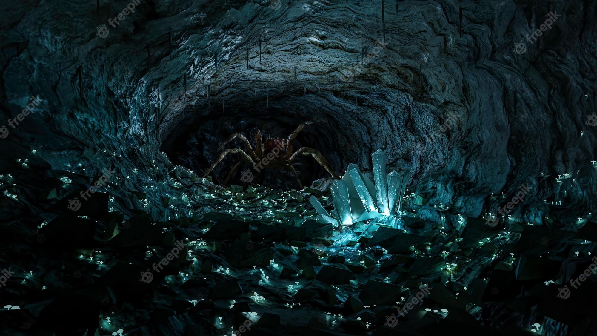 2000x1125 Premium Photo. A giant spider inside a deep dark cave full of glowing mushroom and crystal scary mysterious concept