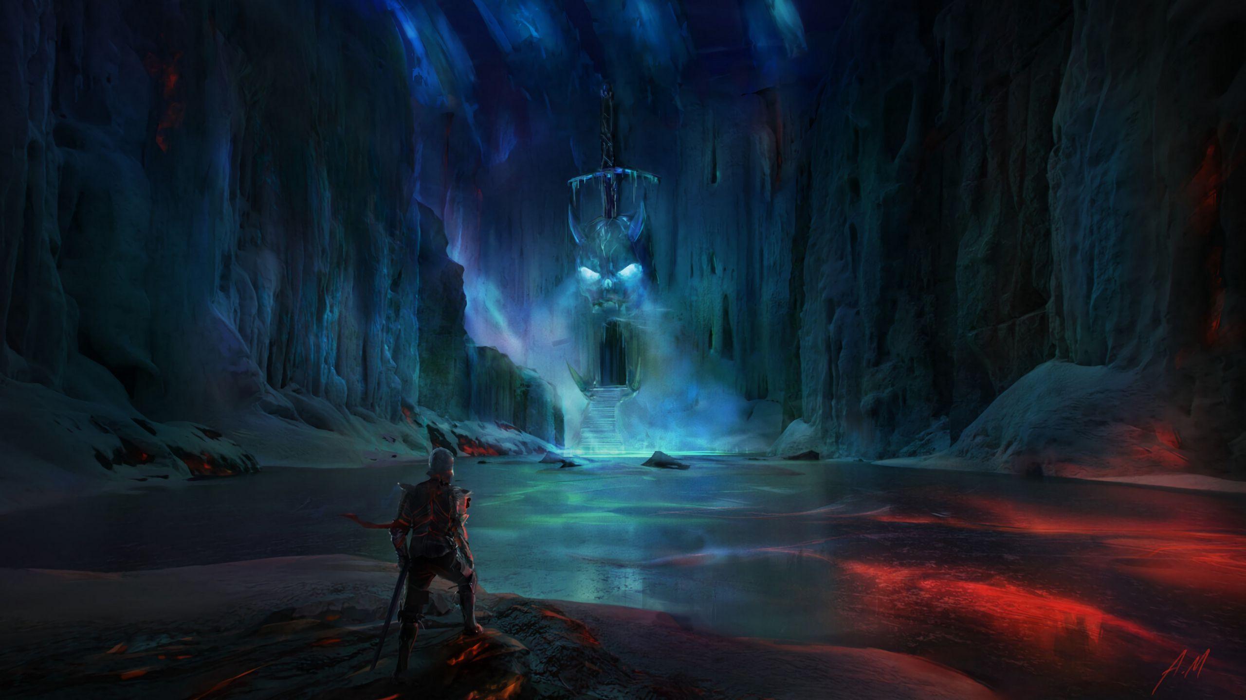 2560x1440 Download wallpaper 2560x1440 knight, lake, cave, castle, scary, fantasy, art widescreen 16:9 HD background