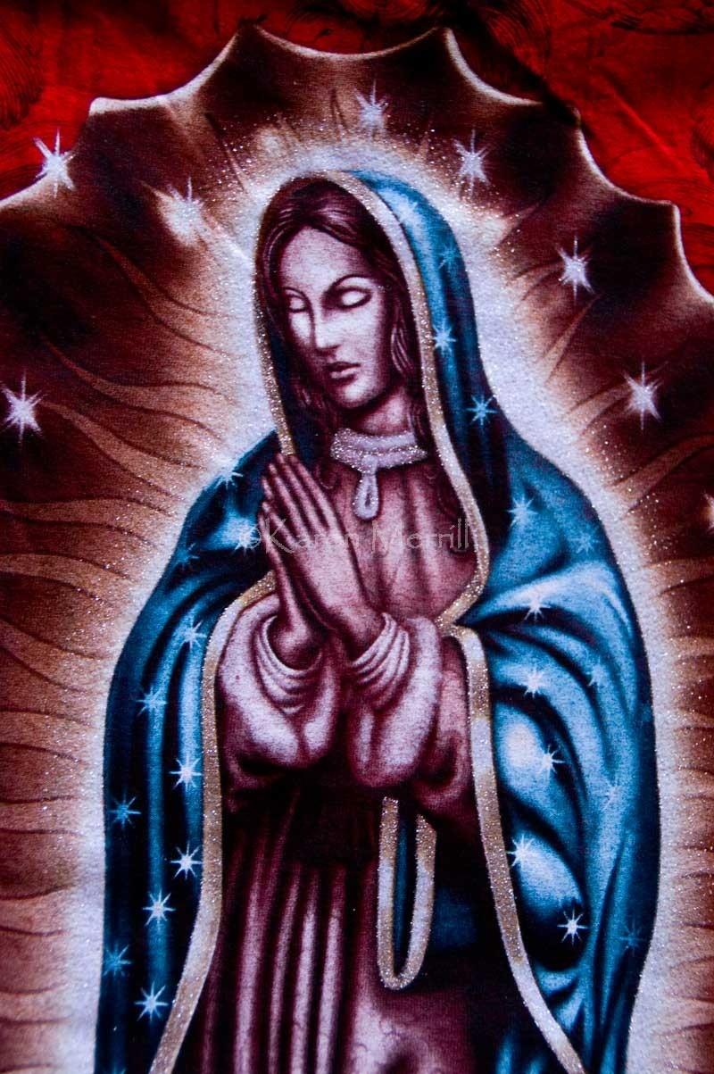 800x1203 MOTHER MARY, VIRGIN MORENO ON RUBY RED T SHIRT