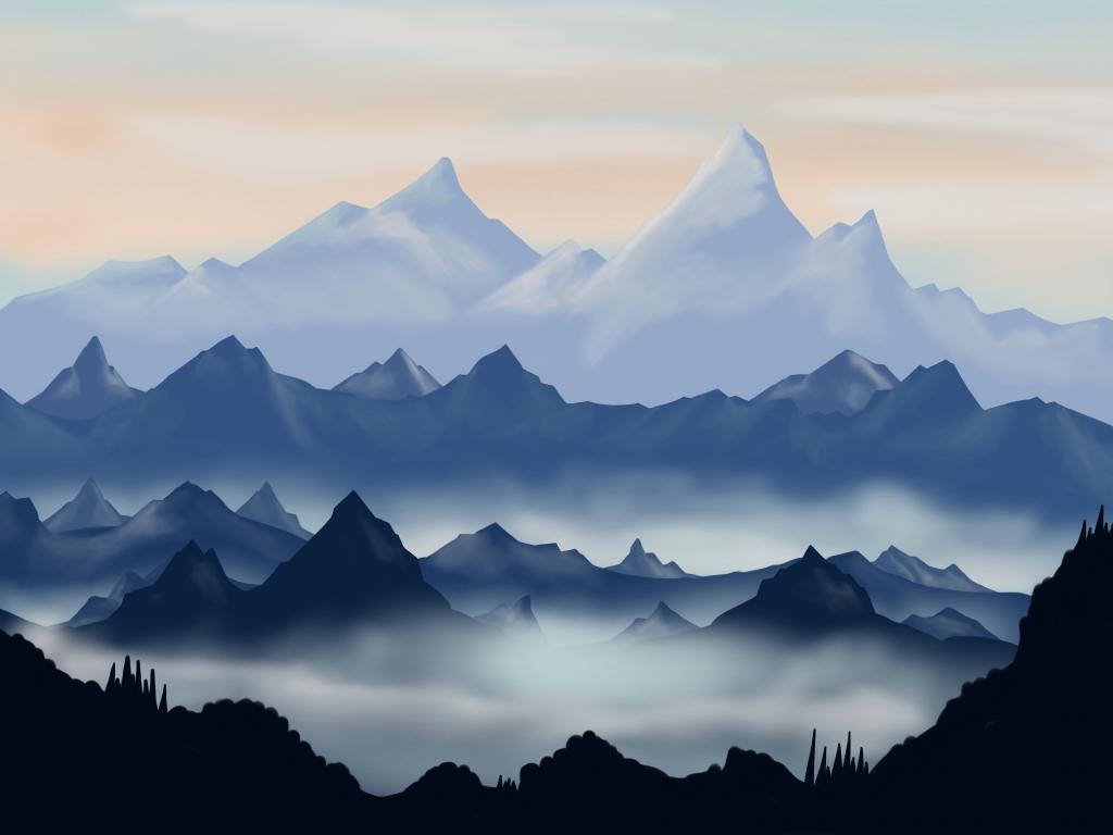 1024x768 Download wallpaper 1024x768 mountains, digital art, dawn, sunrise, horizon, standard 4:3 fullscreen 1024x768 HD background, 10632