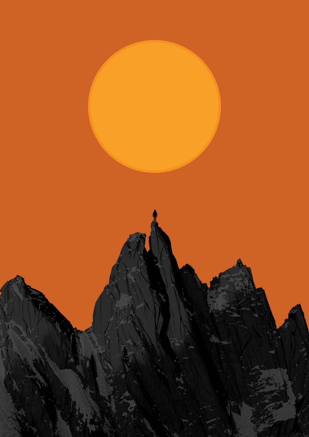 1180x1669 Sun, rock climbing, portrait display, orange background, mountains, artwork, digital art Gallery HD Wallpaper