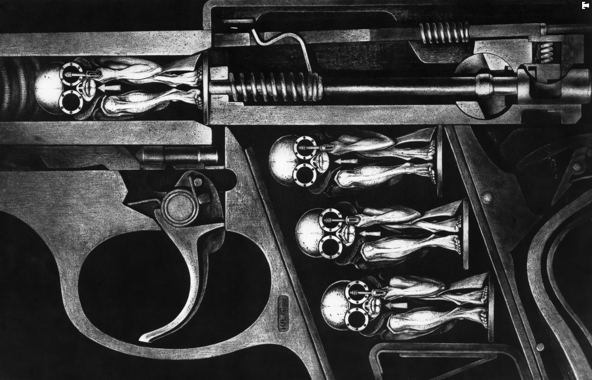 2400x1542 black, dark, H. R. Giger, monochrome, skull, bullet, artwork, weapon Gallery HD Wallpaper