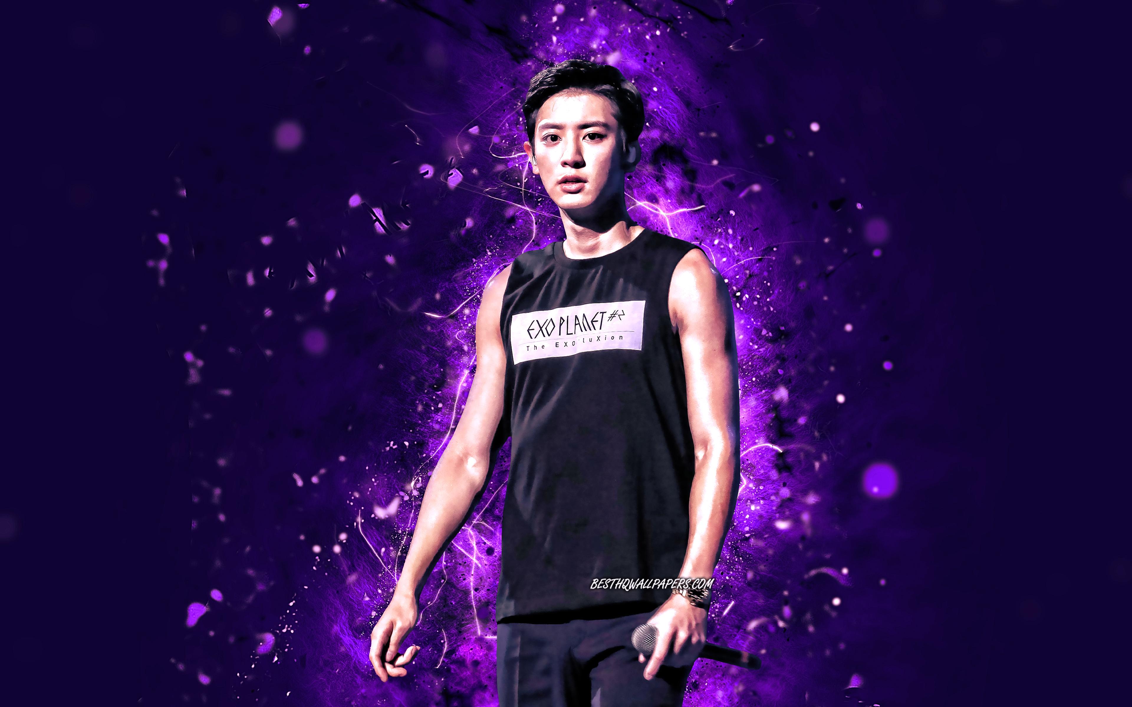 3840x2400 Download wallpaper Park Chanyeol, 4k, Exo, south korean singer, violet neon lights, Chanyeol with microphone, Chanyeol, South Korean celebrity, Park Chanyeol 4K for desktop with resolution 3840x2400. High Quality HD picture wallpaper
