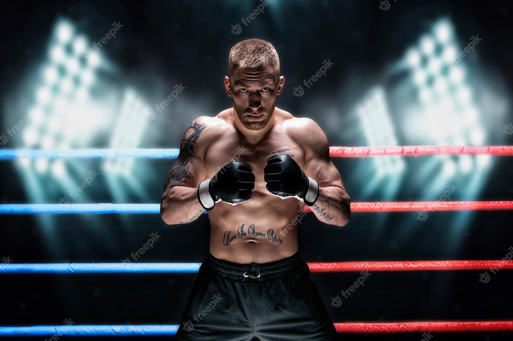 2000x1329 Premium Photo. Mixed martial artist posing in the ring against spotlights. concept of mma, ufc, thai boxing, classic boxing. mixed media