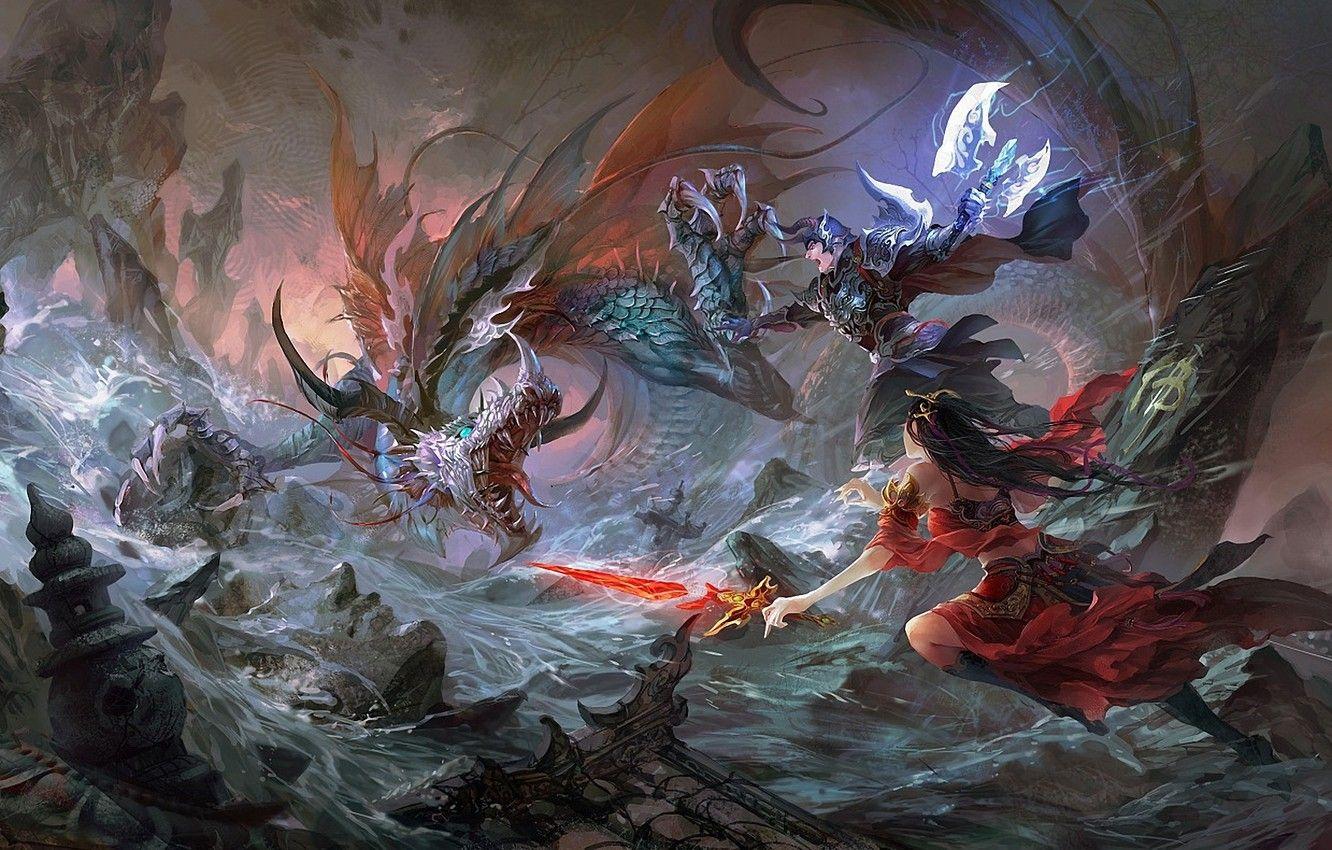 1332x850 Wallpaper girl, river, rocks, dragon, sword, art, battle, guy