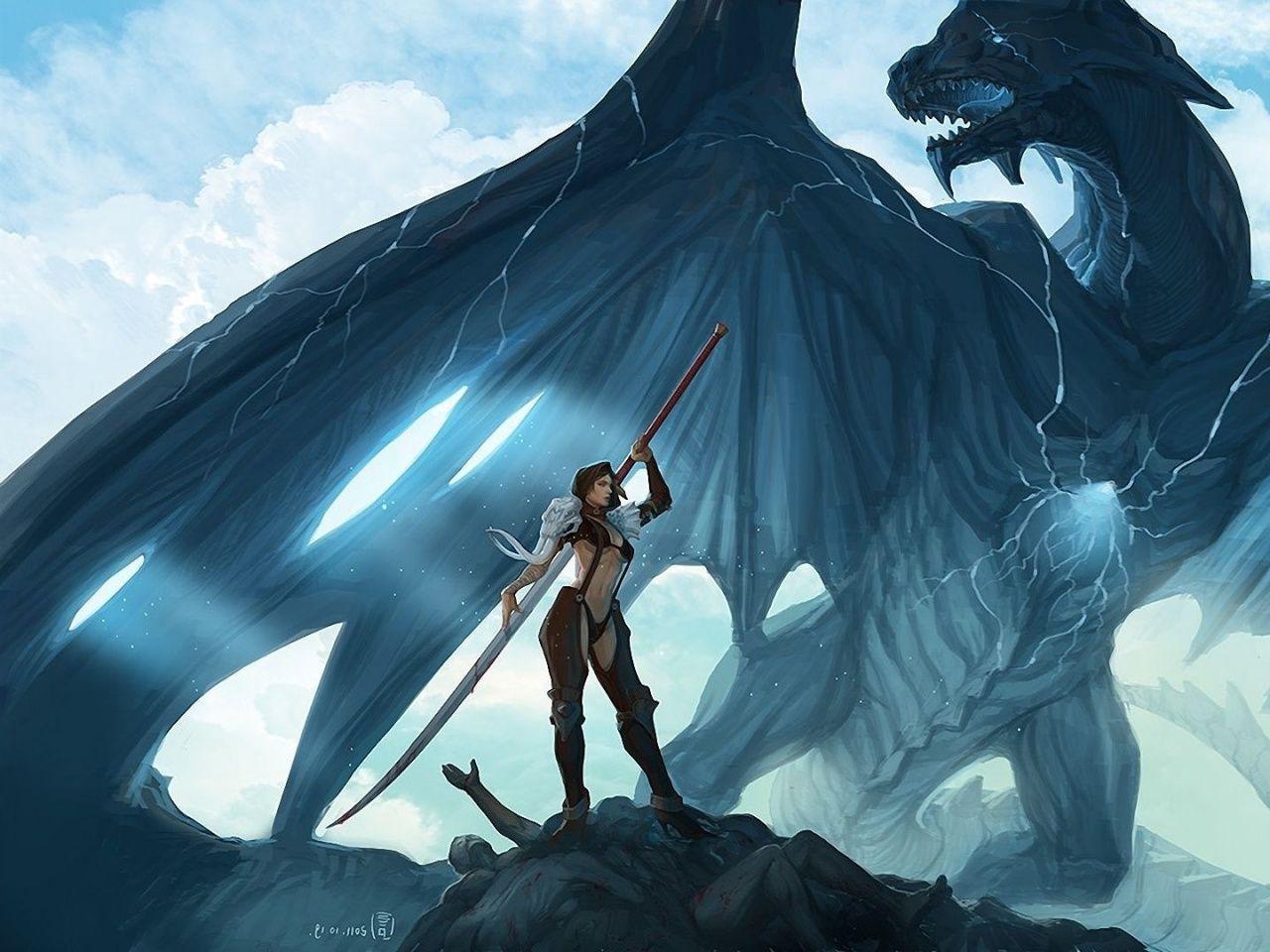 1280x960 Download 1280x960 Wallpaper Dragon, Sword Dragon, Girl, Mythology