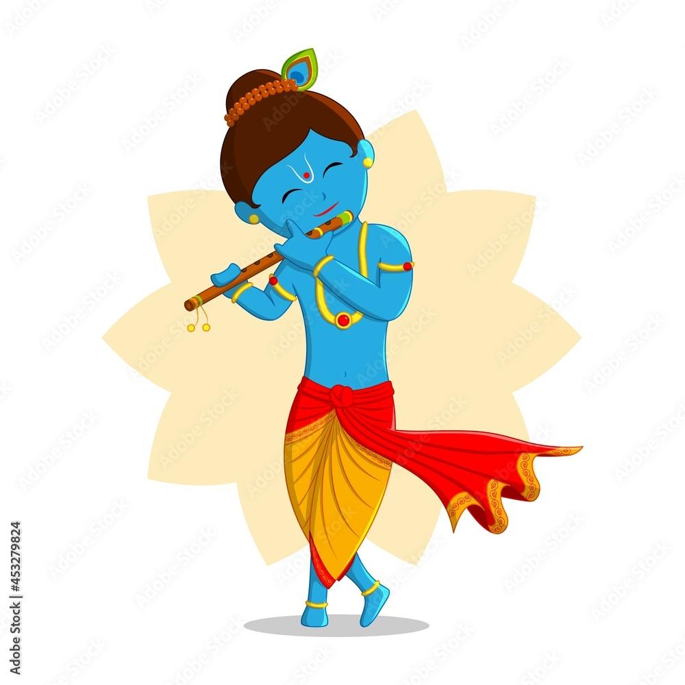 1000x1000 Happy krishna playing flute cartoon vector illustration. Stock Vector