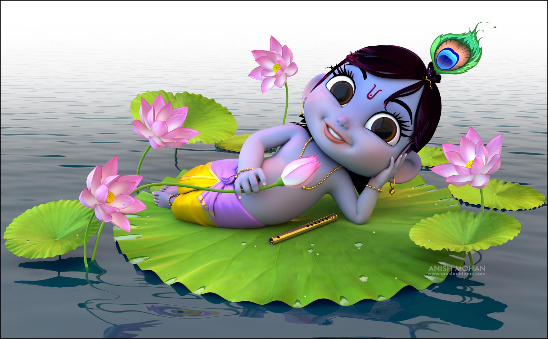 1920x1187 Padma Shayanam Infant Krishna on Lotus Leaf
