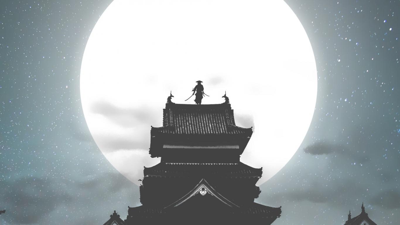 1366x768 Moon house samurai warrior night art wallpaper background