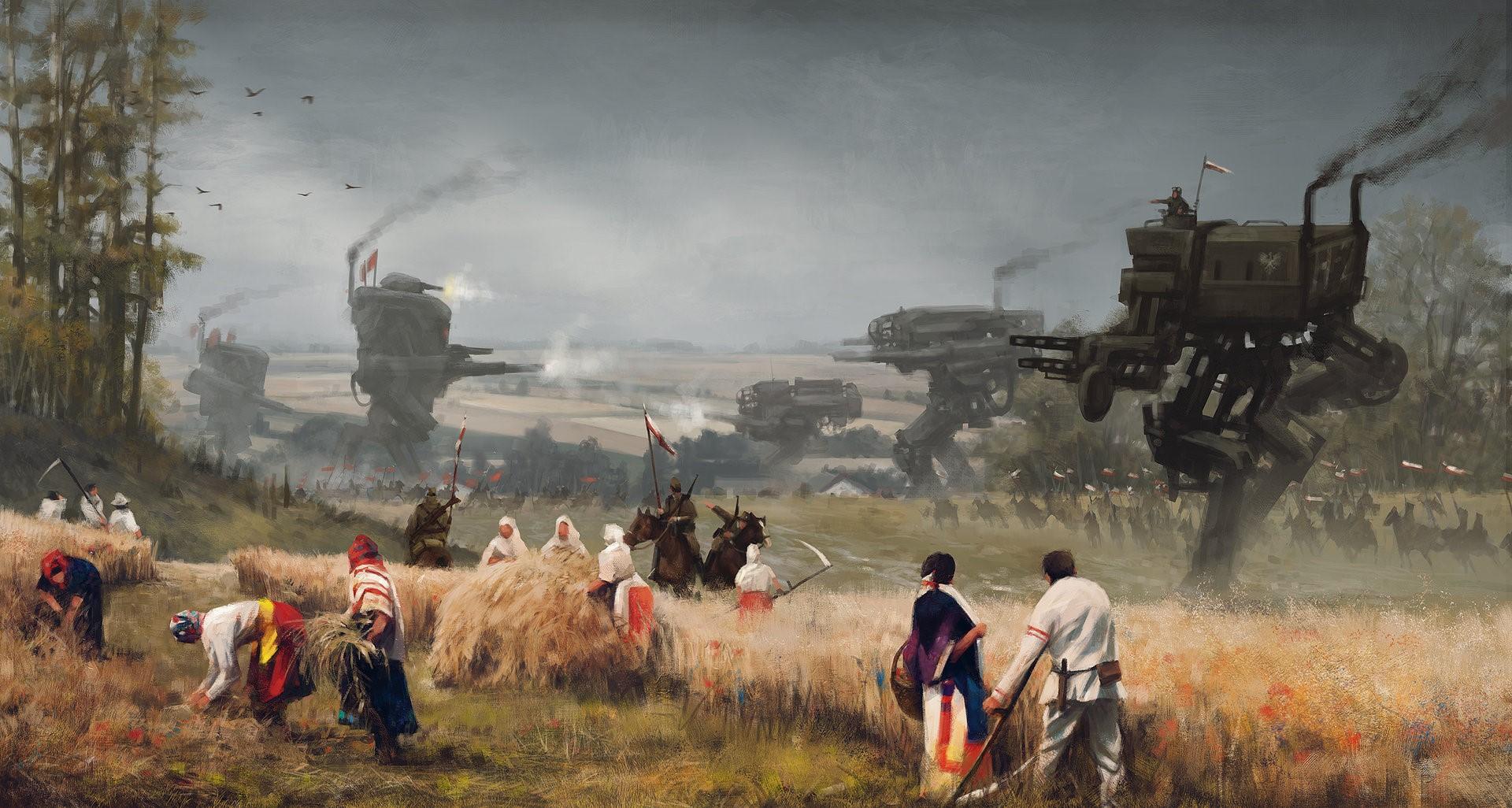 1920x1026 Wallpaper / illustration, landscape, robot, science fiction, war, soldier, Jakub Różalski, scythe free download