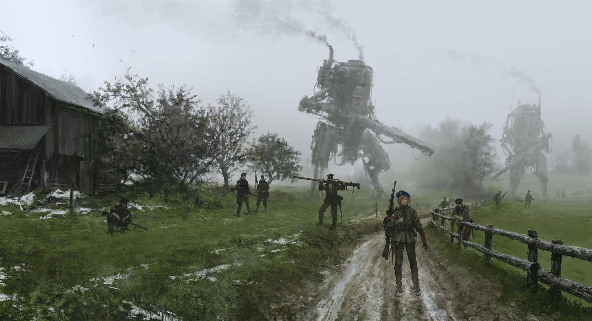 1920x1040 Wallpaper / illustration, landscape, robot, soldier, science fiction, Jakub Różalski, mech free download