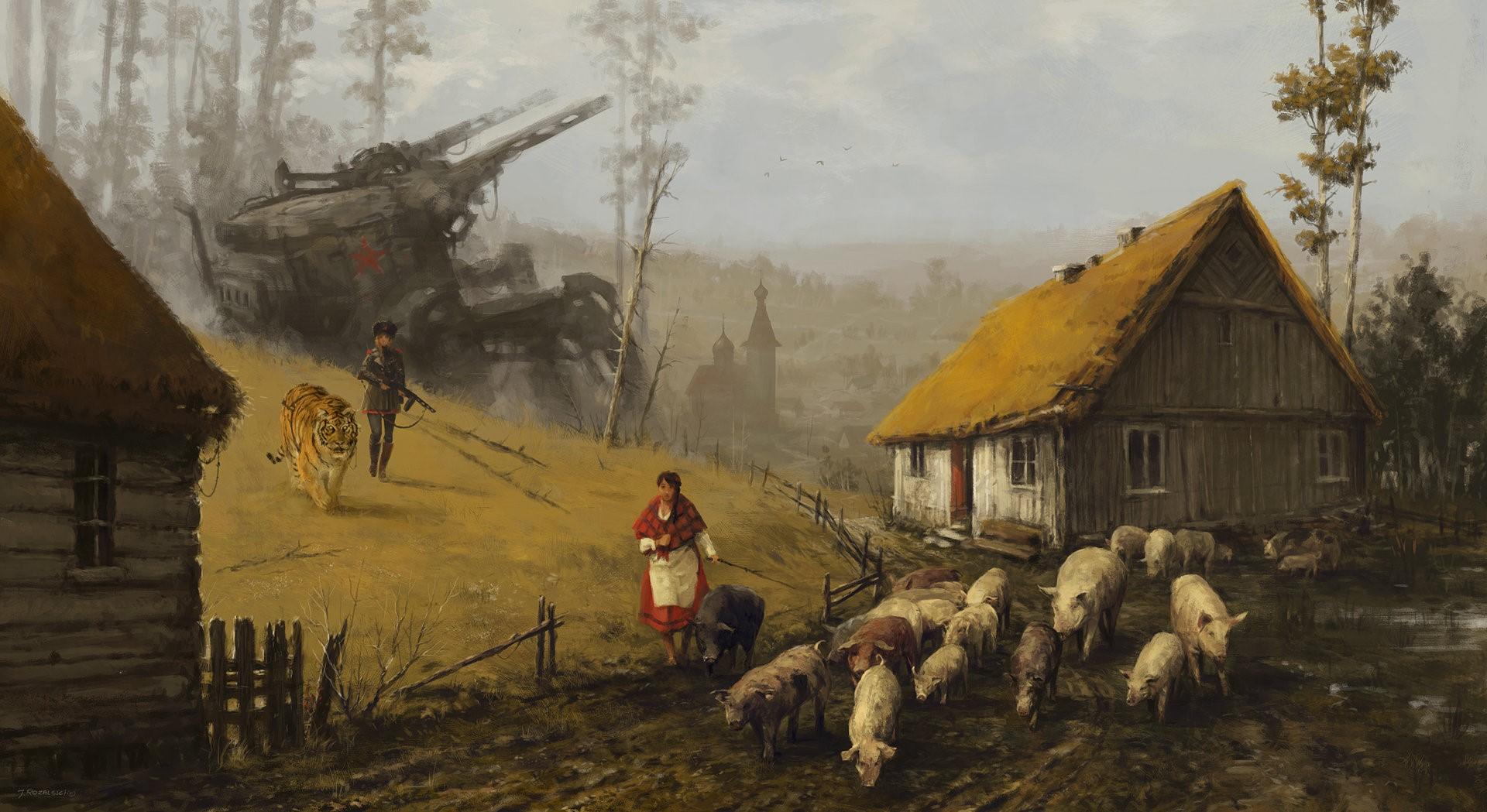 1920x1049 Wallpaper / painting, soldier, women, tiger, village, house, animals, robot, Jakub Różalski, Iron Harvest free download