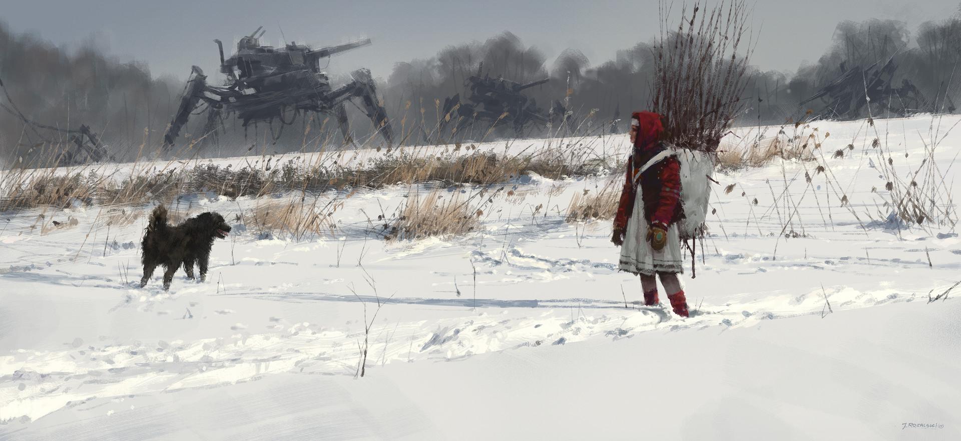 1920x881 children, Jakub Różalski, Illustration, Painting, Digital art, Dog, Robot, Winter, Fantasy art, Fan art, Artwork, Snow Wallpaper HD / Desktop and Mobile Background