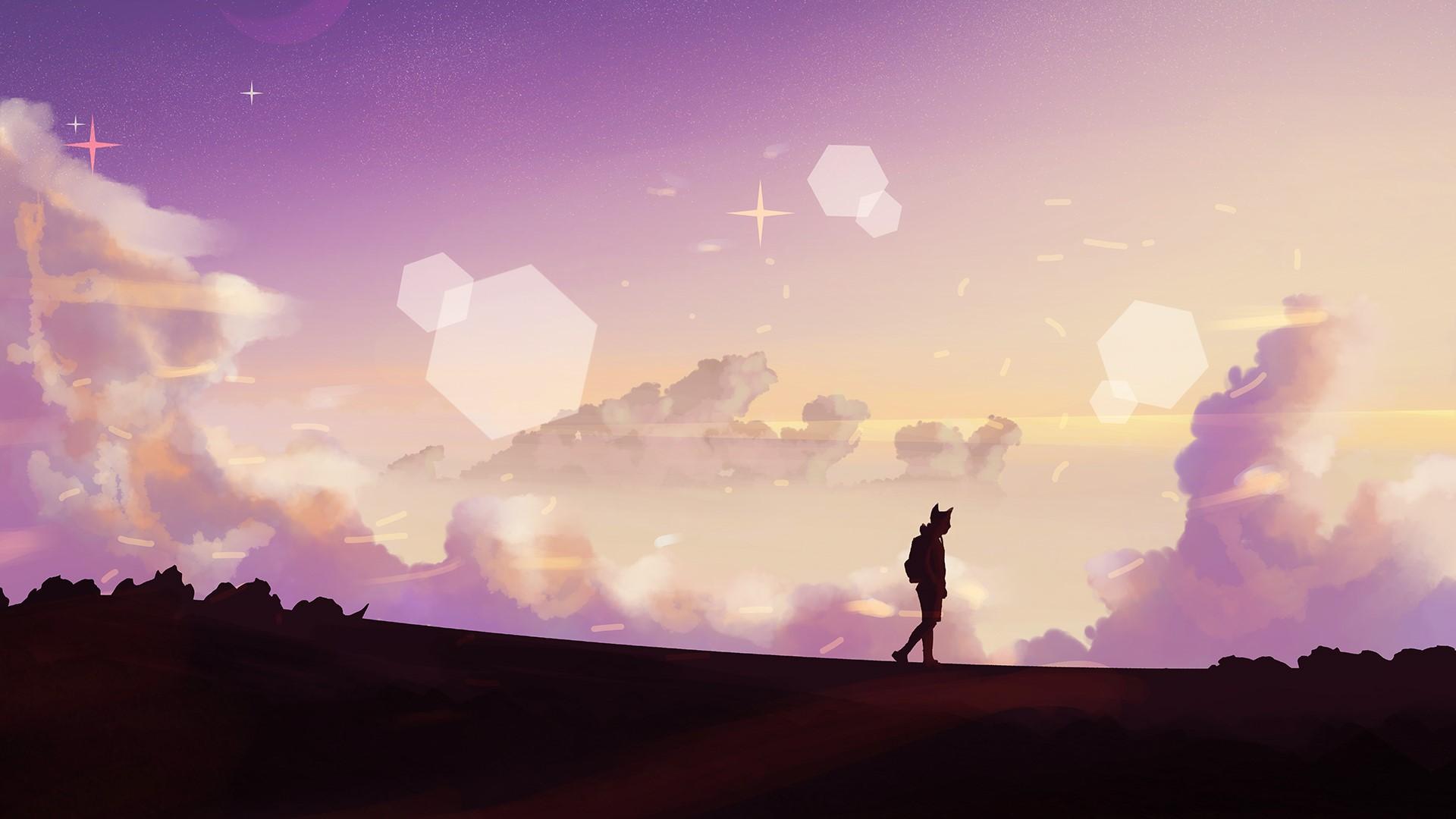 1920x1080 sunset, pink, clouds, stars, sky, cat boy Gallery HD Wallpaper