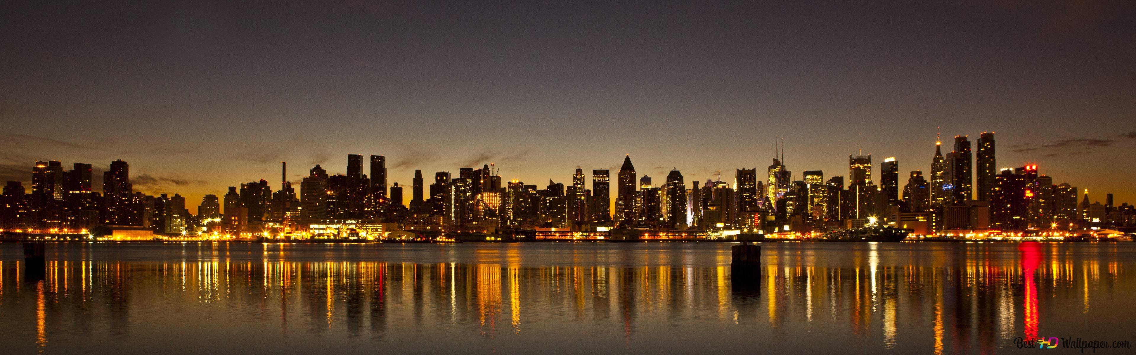 3840x1200 New York City by Night 4K wallpaper download