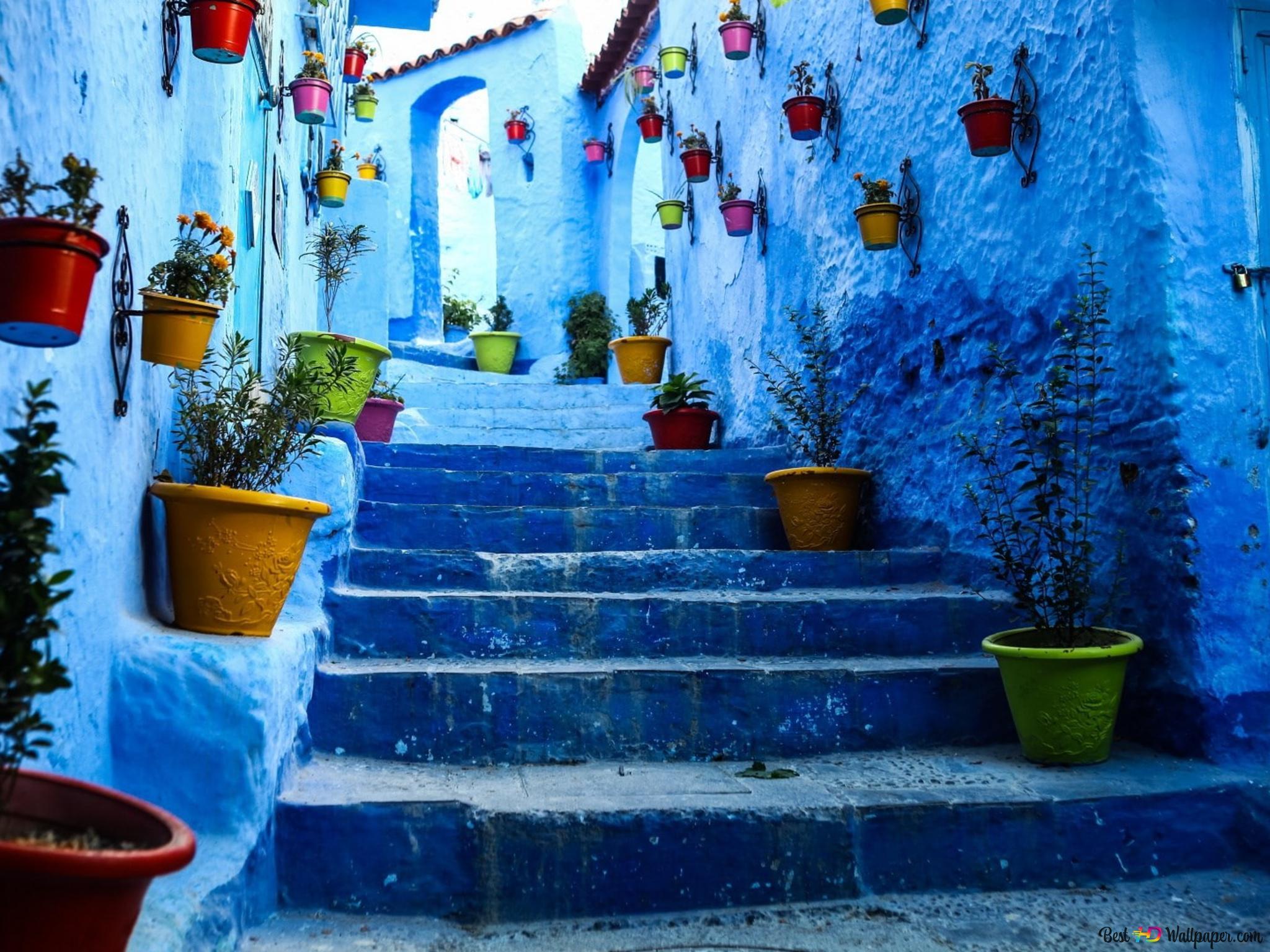2048x1536 The city of chefchaouen in morocco with its blue streets and houses 4K wallpaper download