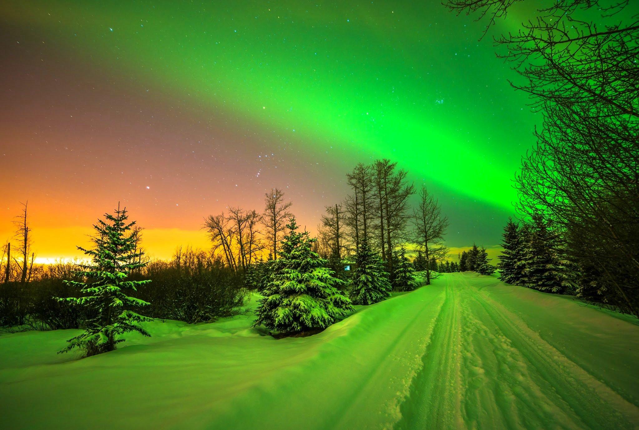 2048x1378 lights, Aurora, Borealis, Trees, Stars, Road, Sky, Snow, Winter, Beautiful Wallpaper HD / Desktop and Mobile Background