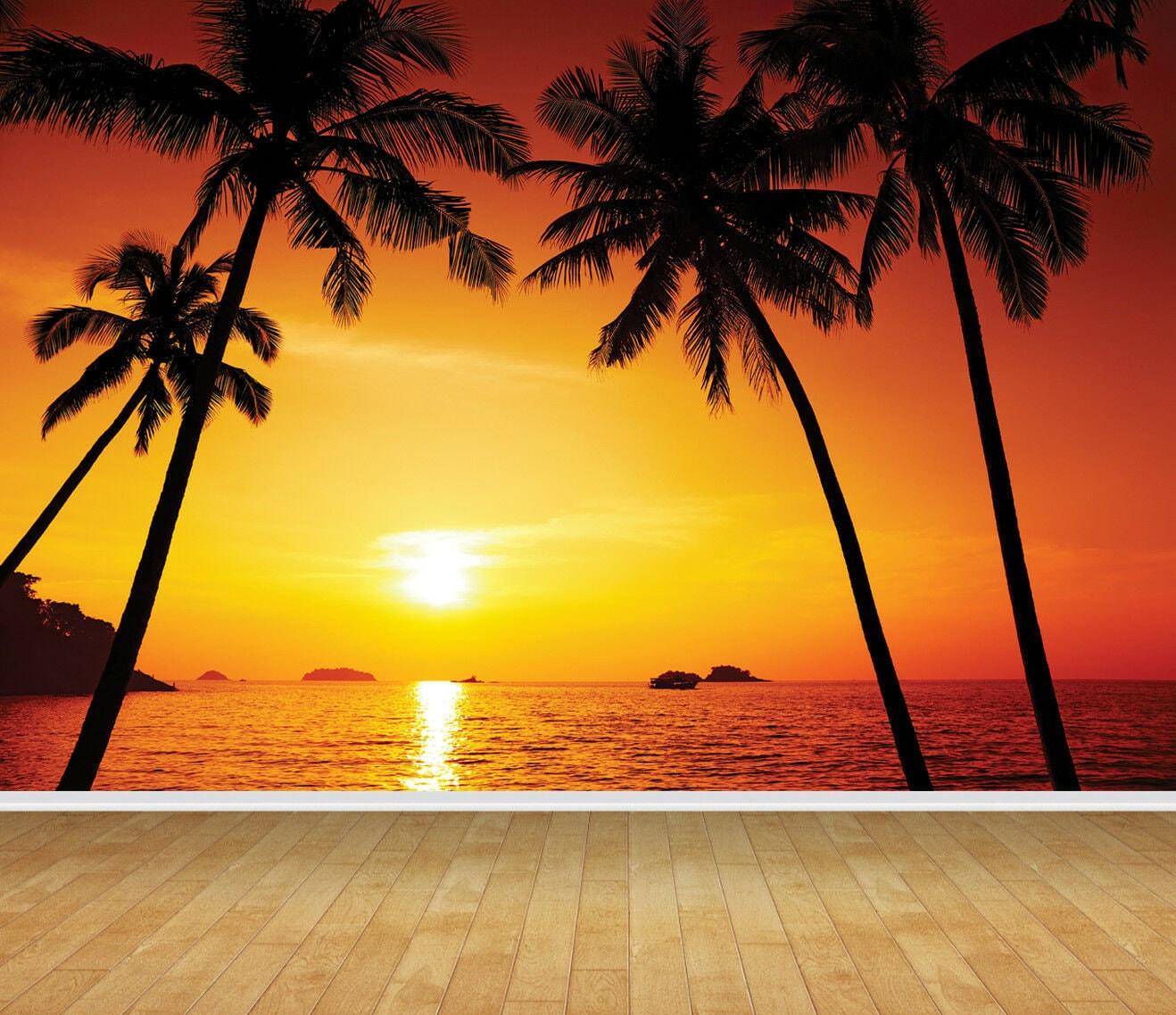 1318x1138 Palm Trees Sunset Ocean Beach Wallpaper Mural Bedroom Business
