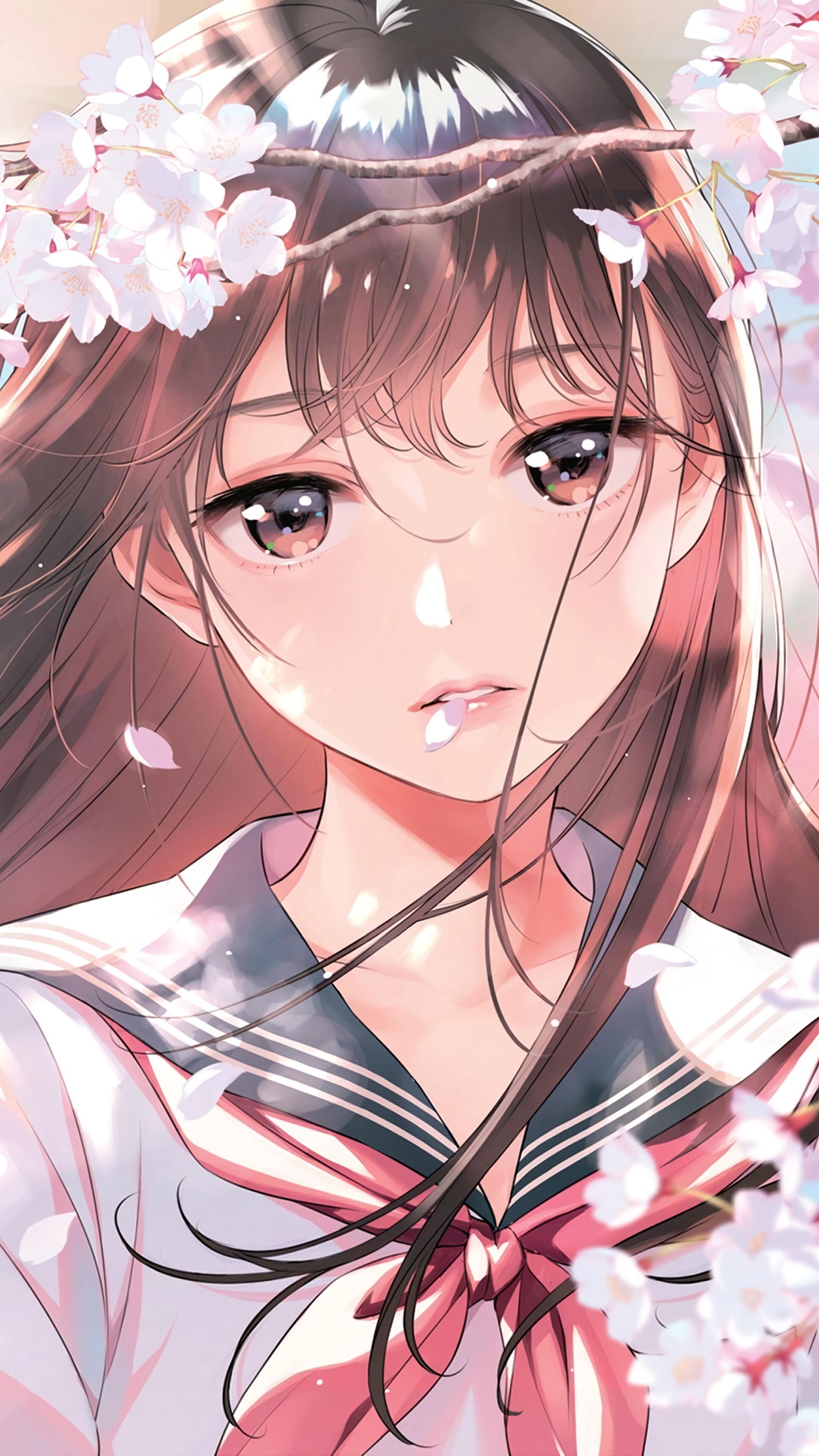 2160x3840 Student, Anime, Girl, Uniform, Cherry Blossom, 4K HD Phone Wallpaper