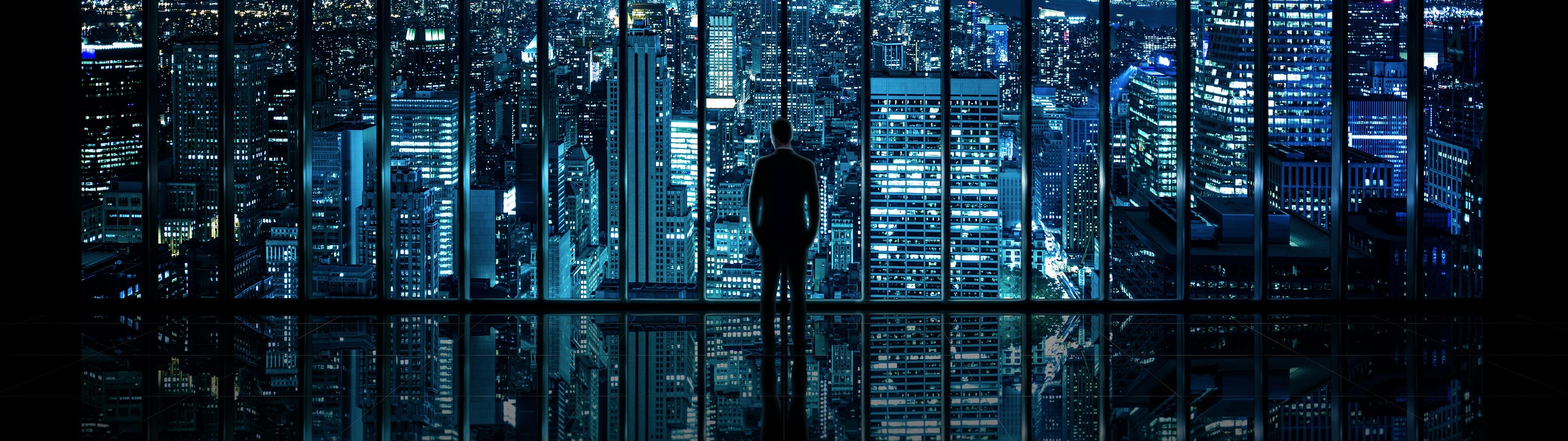 3840x1080 Gotham Wallpaper 4K, Cityscape, City lights, Standing