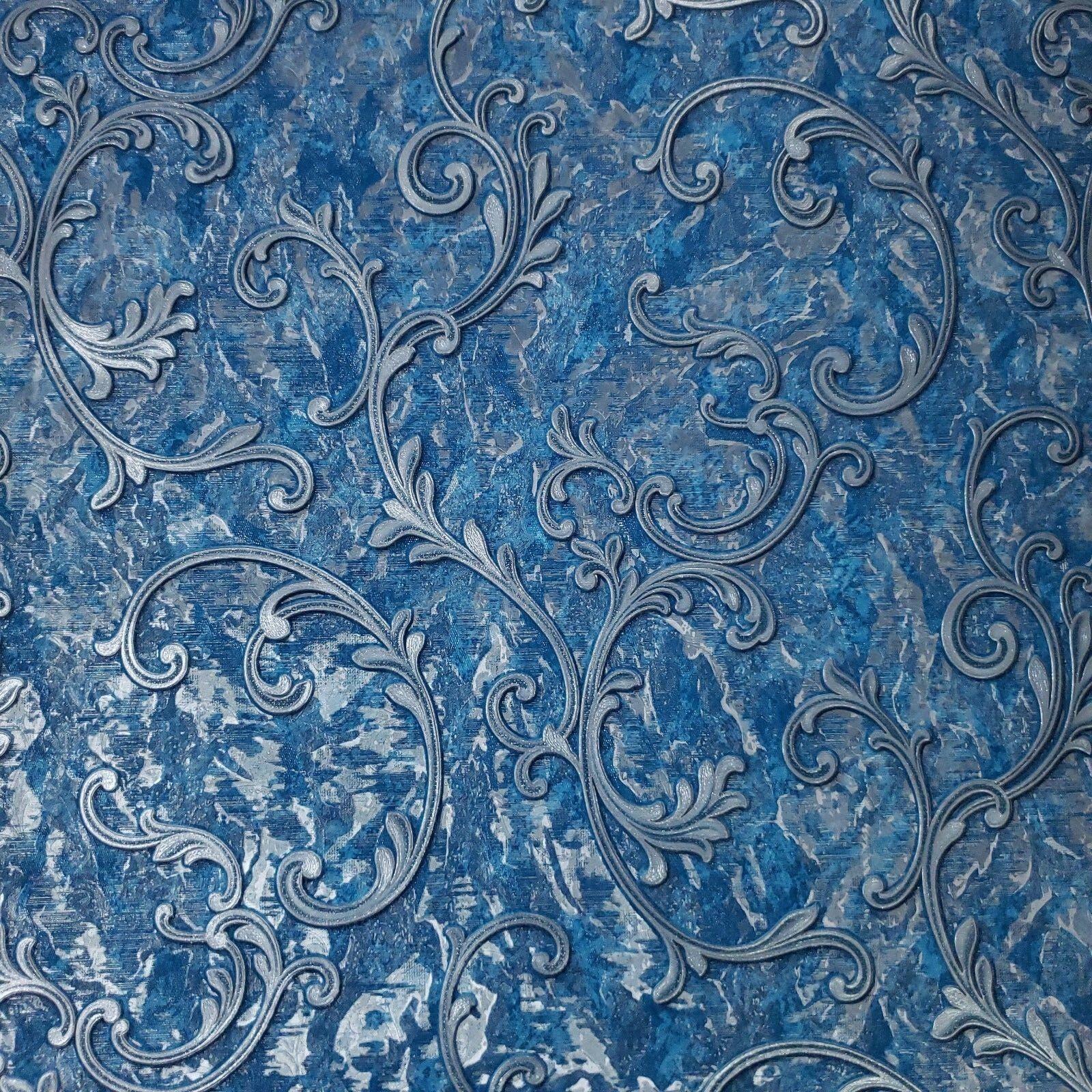 1600x1600 Wallpaper Victorian Blue Silver Metallic textured Embossed damask wallcoverings