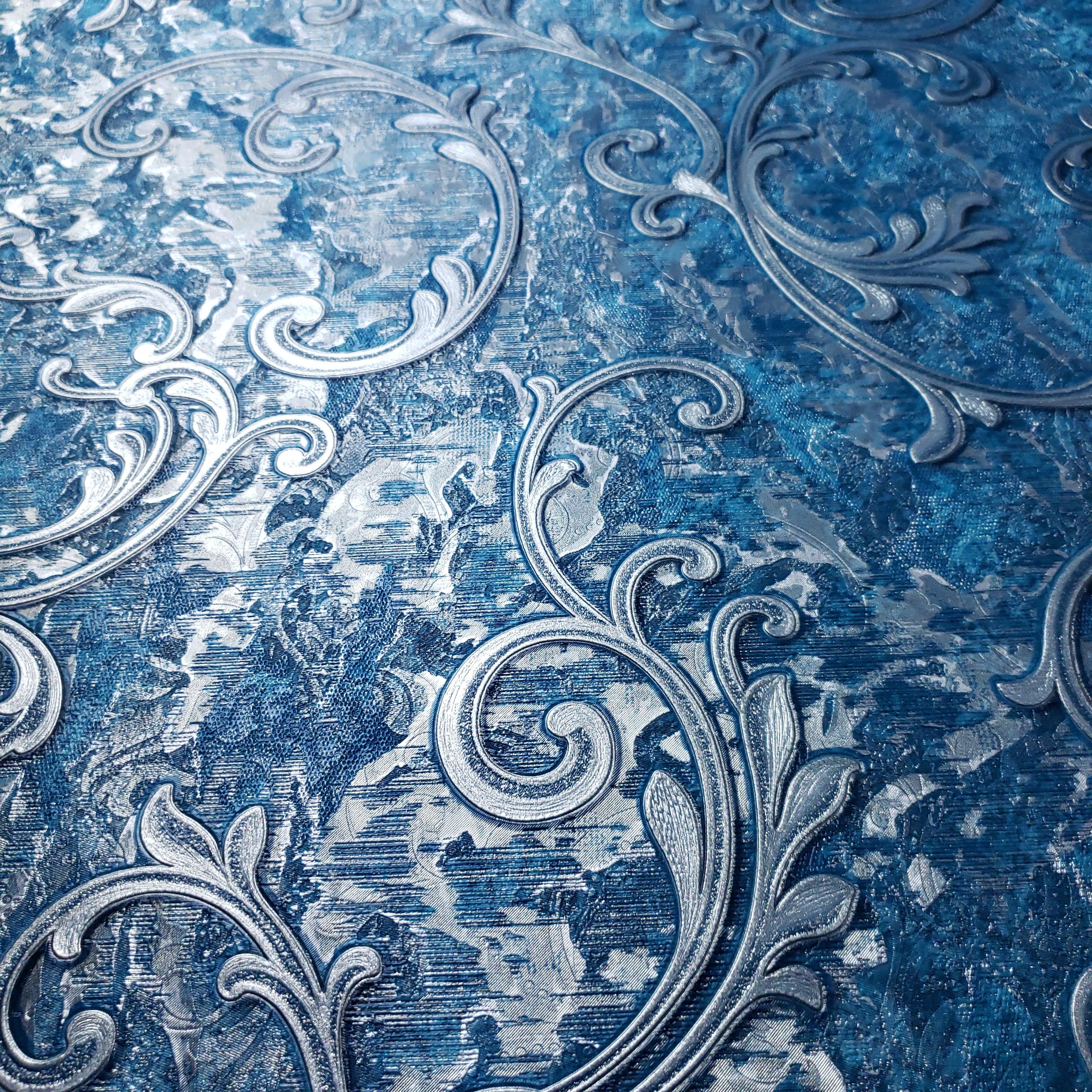 3024x3024 L903 03 Blue Silver Metallic Victorian Textured Damask Wallpaper