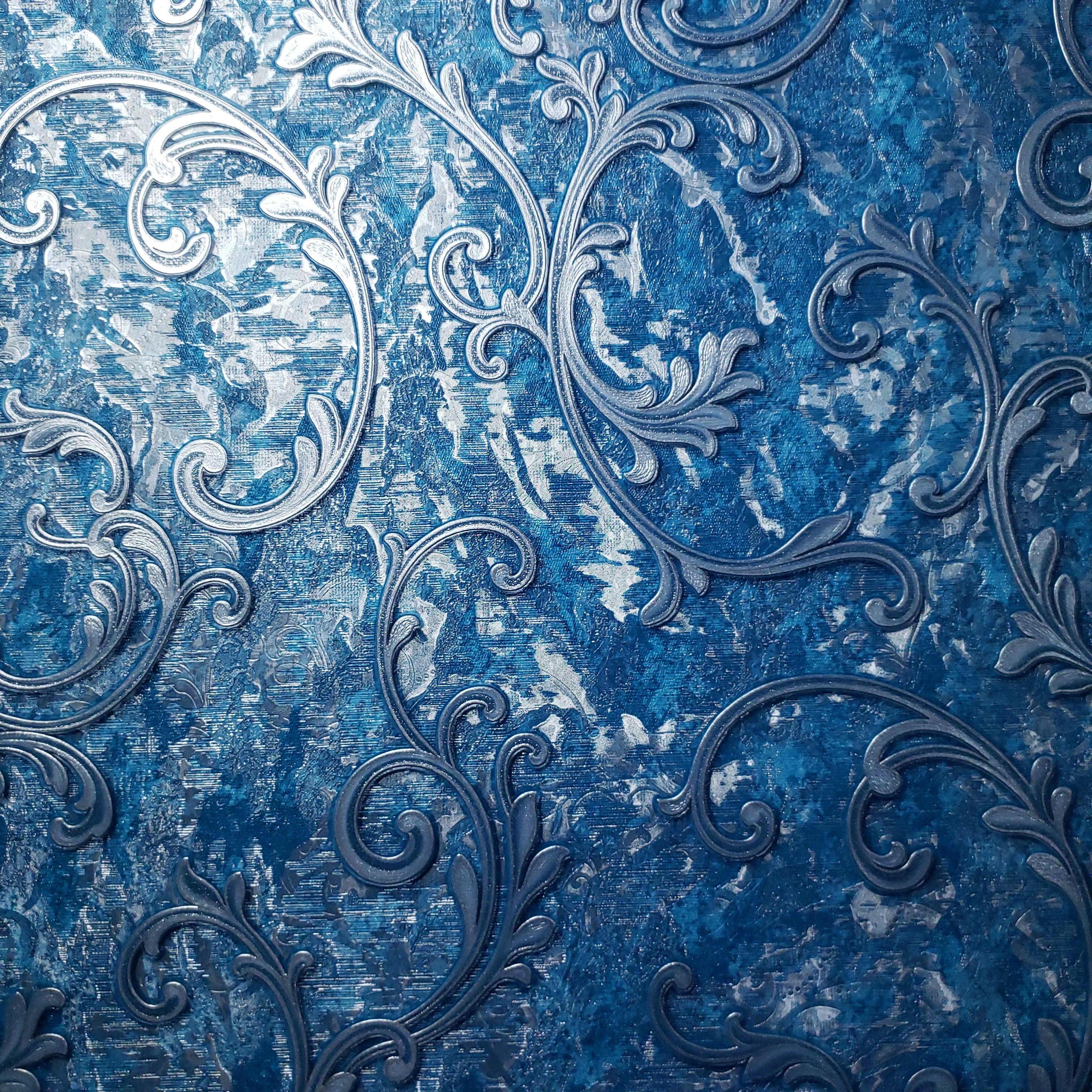 3024x3024 L903 03 Blue Silver Metallic Victorian Textured Damask Wallpaper