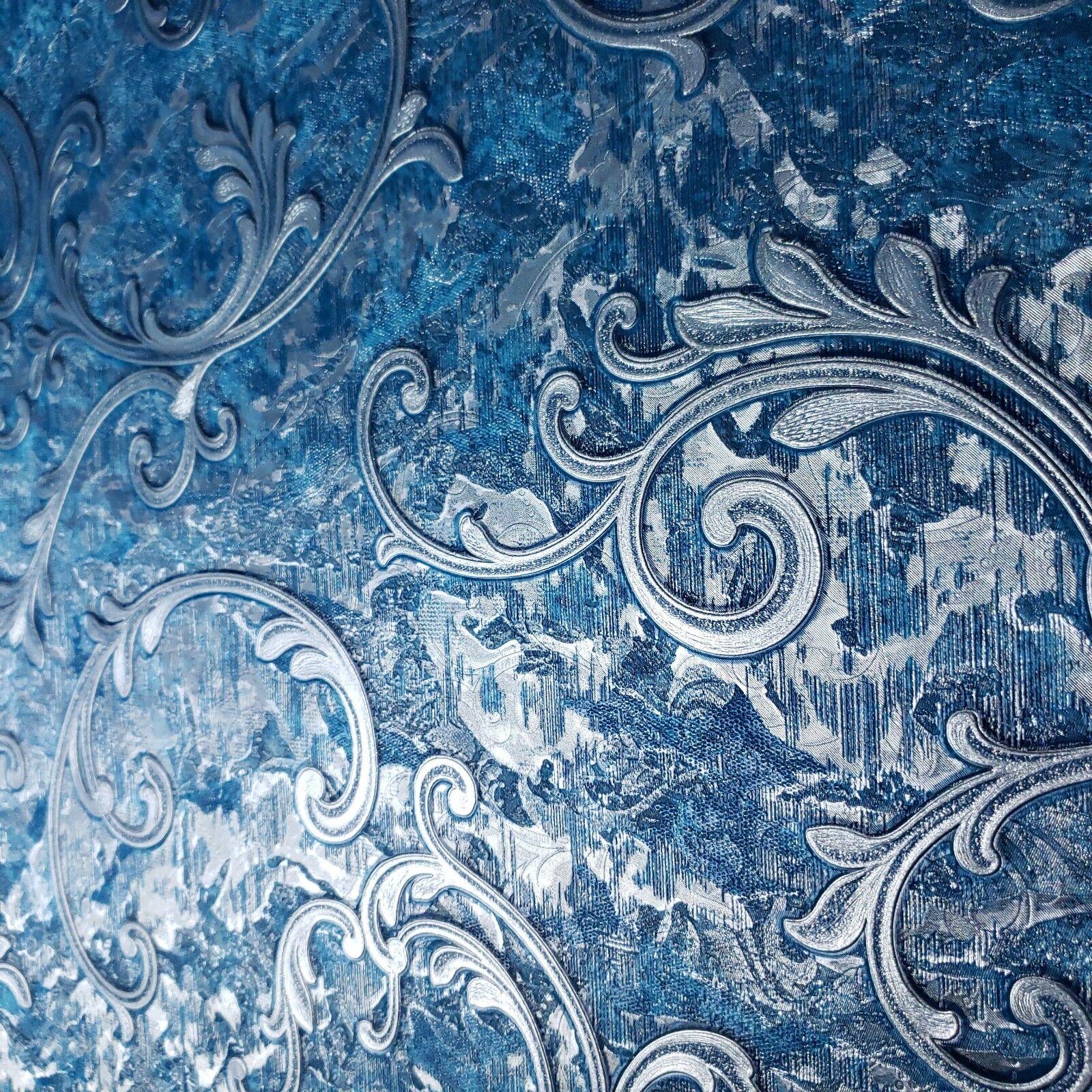 1600x1600 Wallpaper Victorian Blue Silver Metallic textured Embossed damask wallcoverings