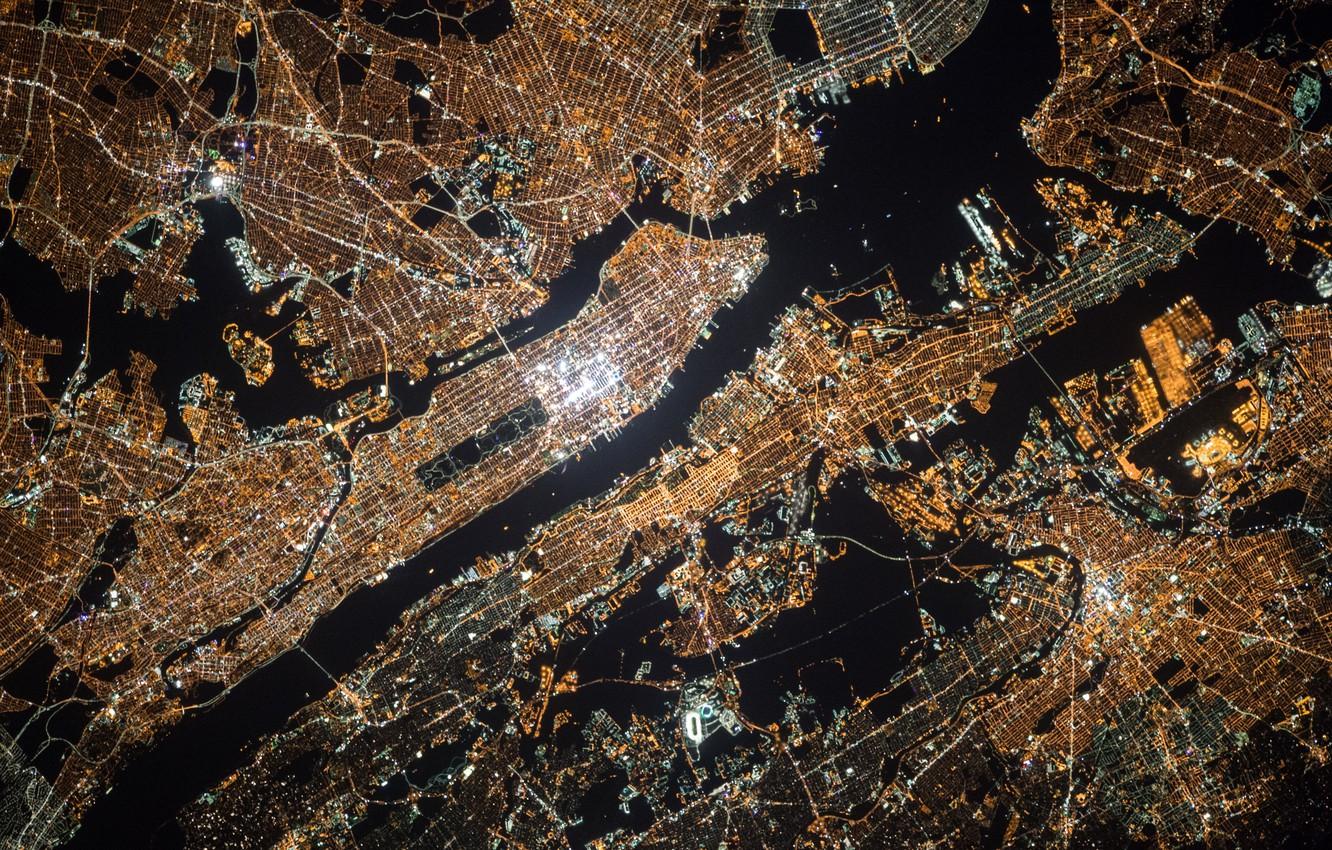 1332x850 Wallpaper city, lights, USA, United States, night, New York, Manhattan, NYC, New York City, pattern, map, satellite, height, America, curves, United States of America image for desktop, section минимализм
