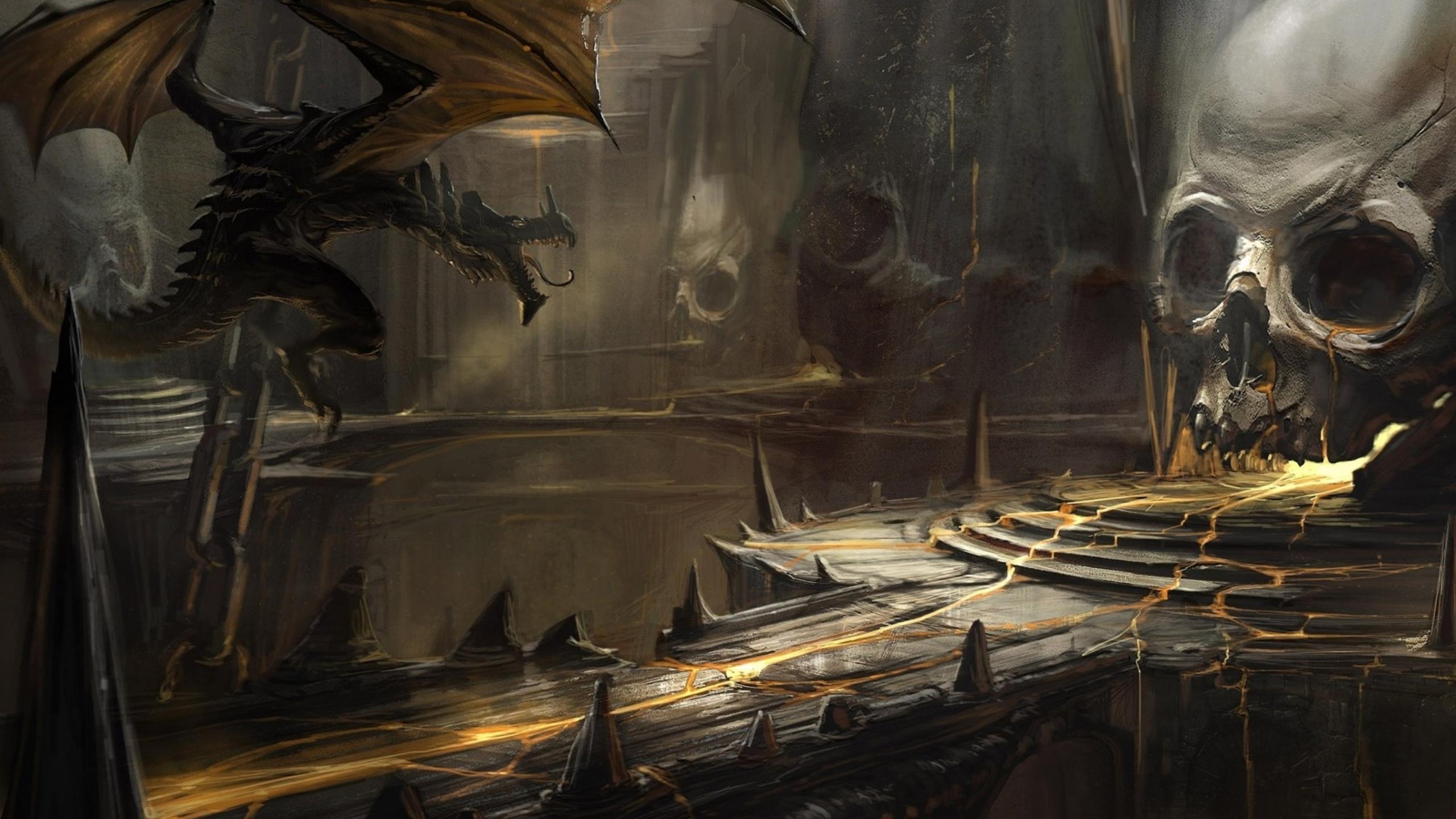 2560x1440 skull, Lava, Art, Cave, A, Dragons, Dragon, Fantasy, Dark, Skulls Wallpaper HD / Desktop and Mobile Background