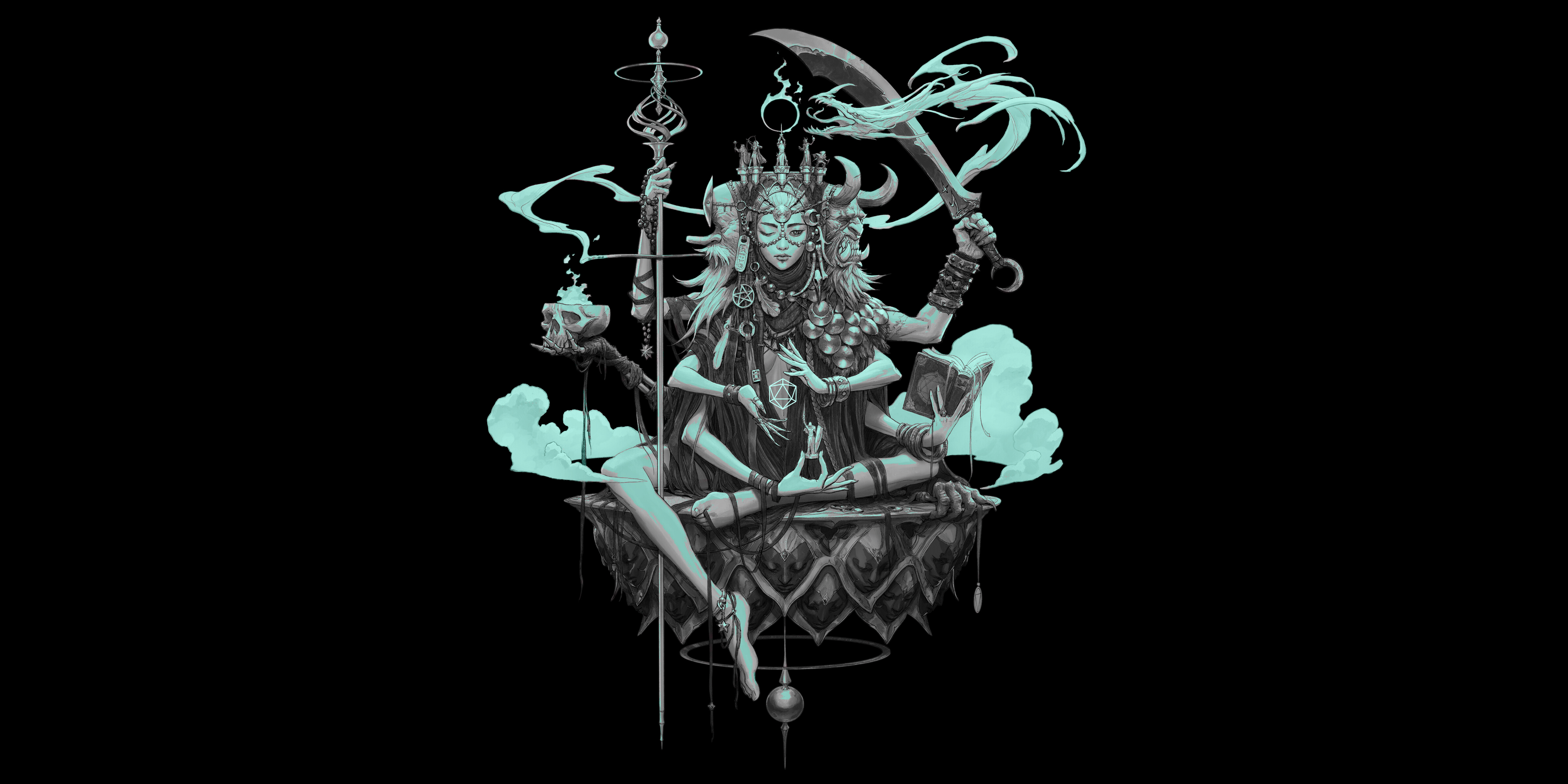 4800x2400 Wallpaper / Jason Chan, fantasy art, sword, dragon, skull, horns free download
