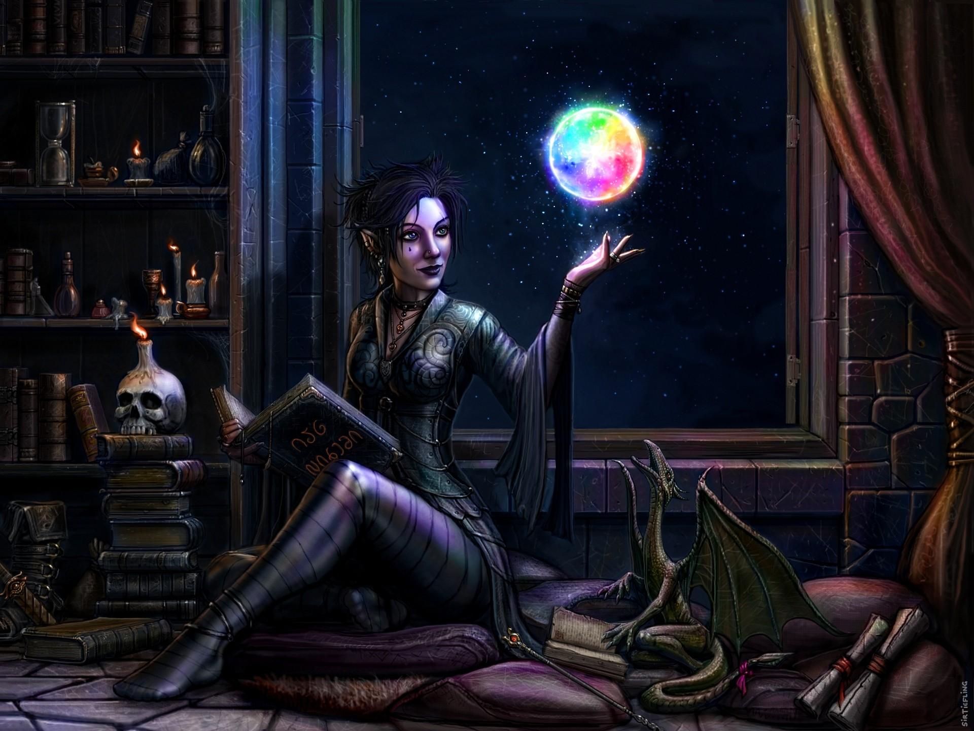 1920x1440 colorful, skull, painting, window, candles, women, curtains, witch, pillow, stars, night, dragon, books, digital art, Moon, magic, fantasy art Gallery HD Wallpaper
