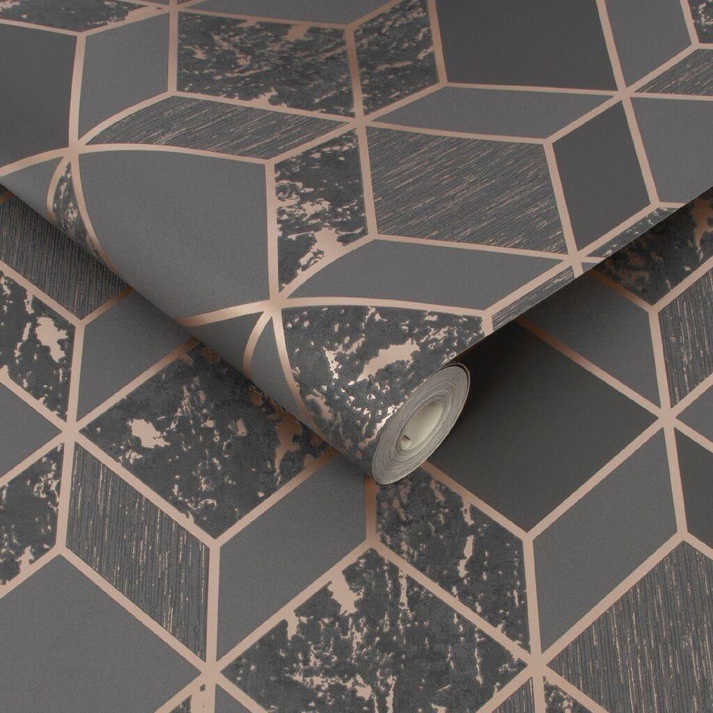 1024x1024 Superfresco Vittorio 56 Sq Ft Charcoal Rose Gold Paper Textured Geometric Unpasted Wallpaper In The Wallpaper Department At