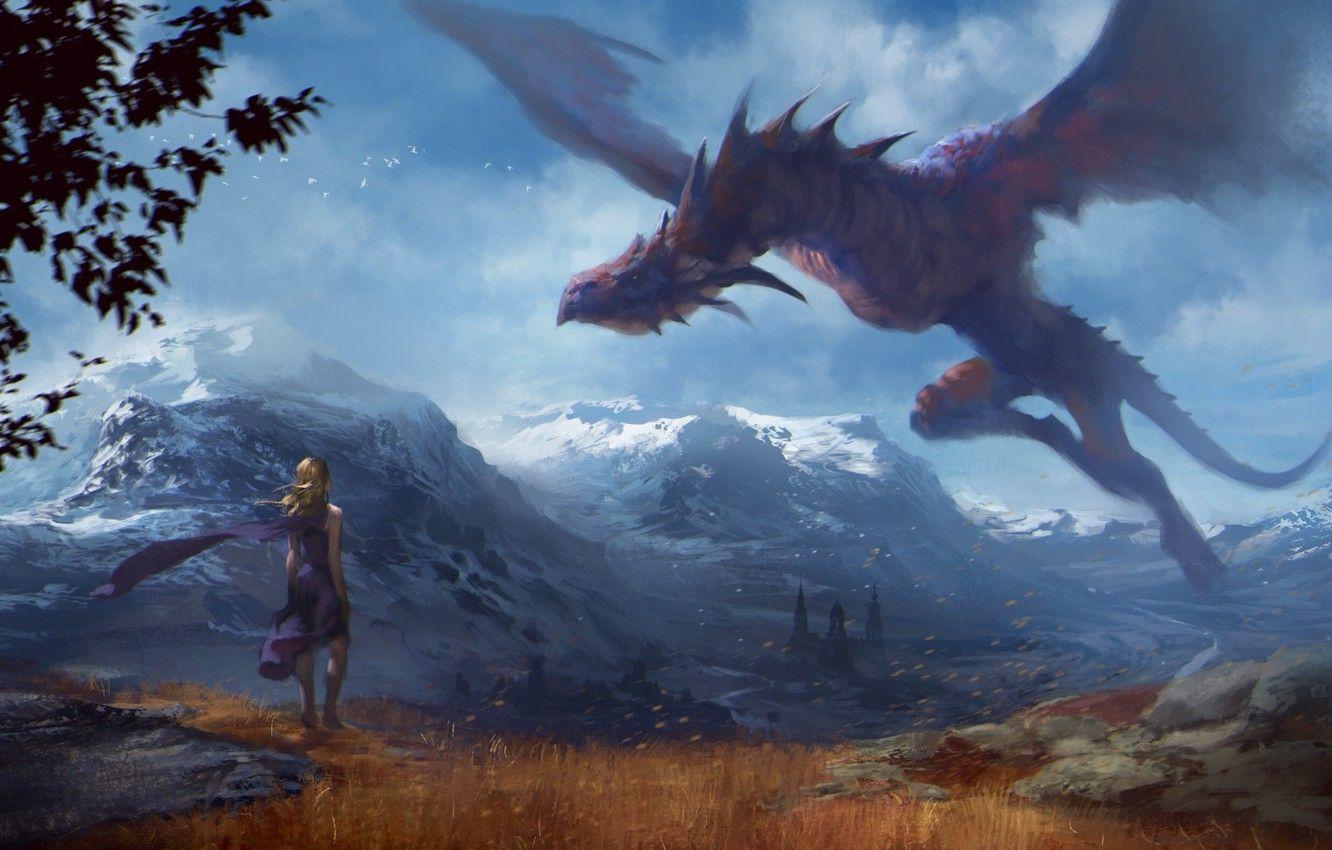 1332x850 Wallpaper flight, mountains, dragon, Girl, Art, game of thrones