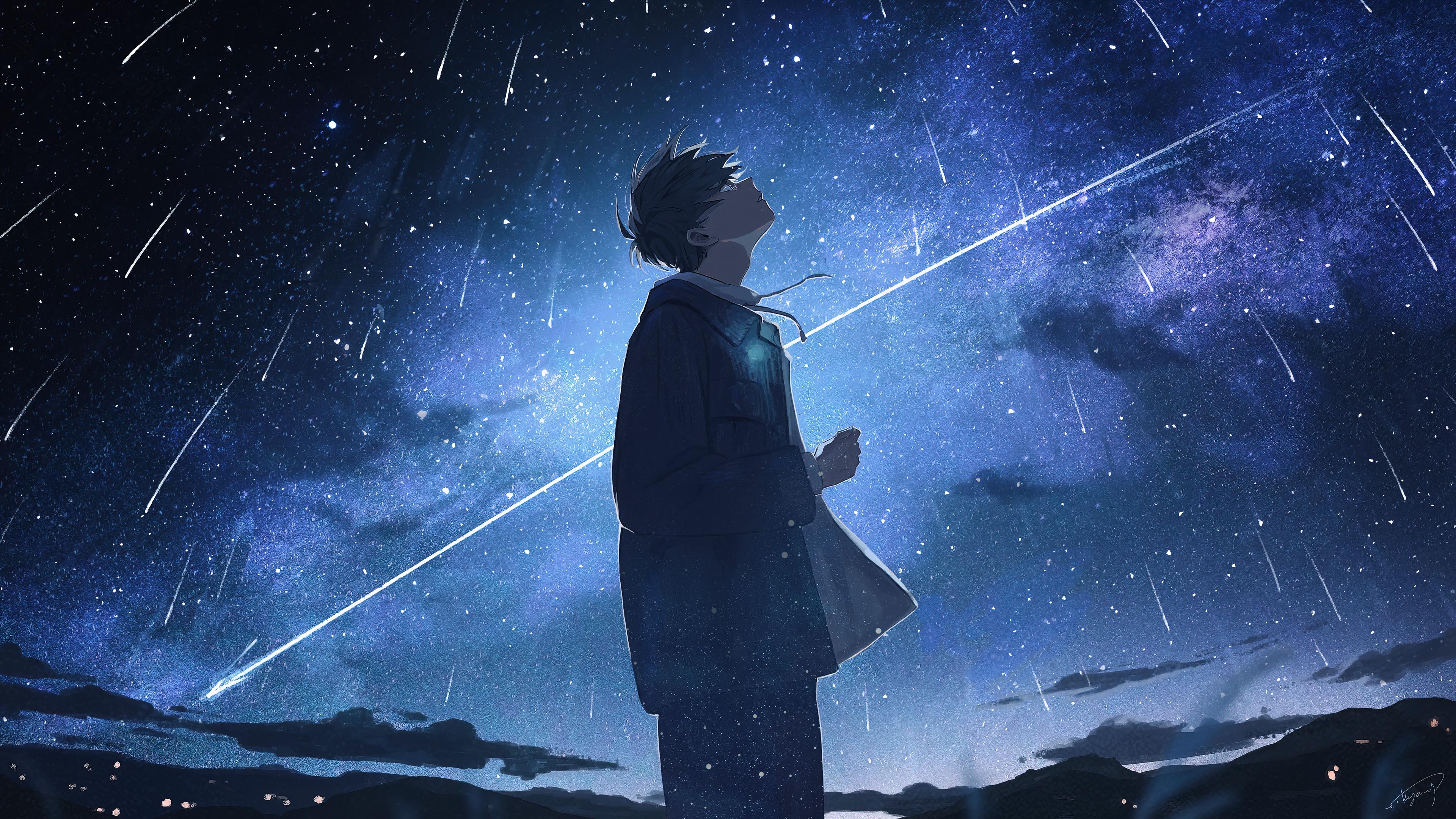 3840x2160 anime, boy, alone, night, stars, scenery, 4k, HD Wallpaper