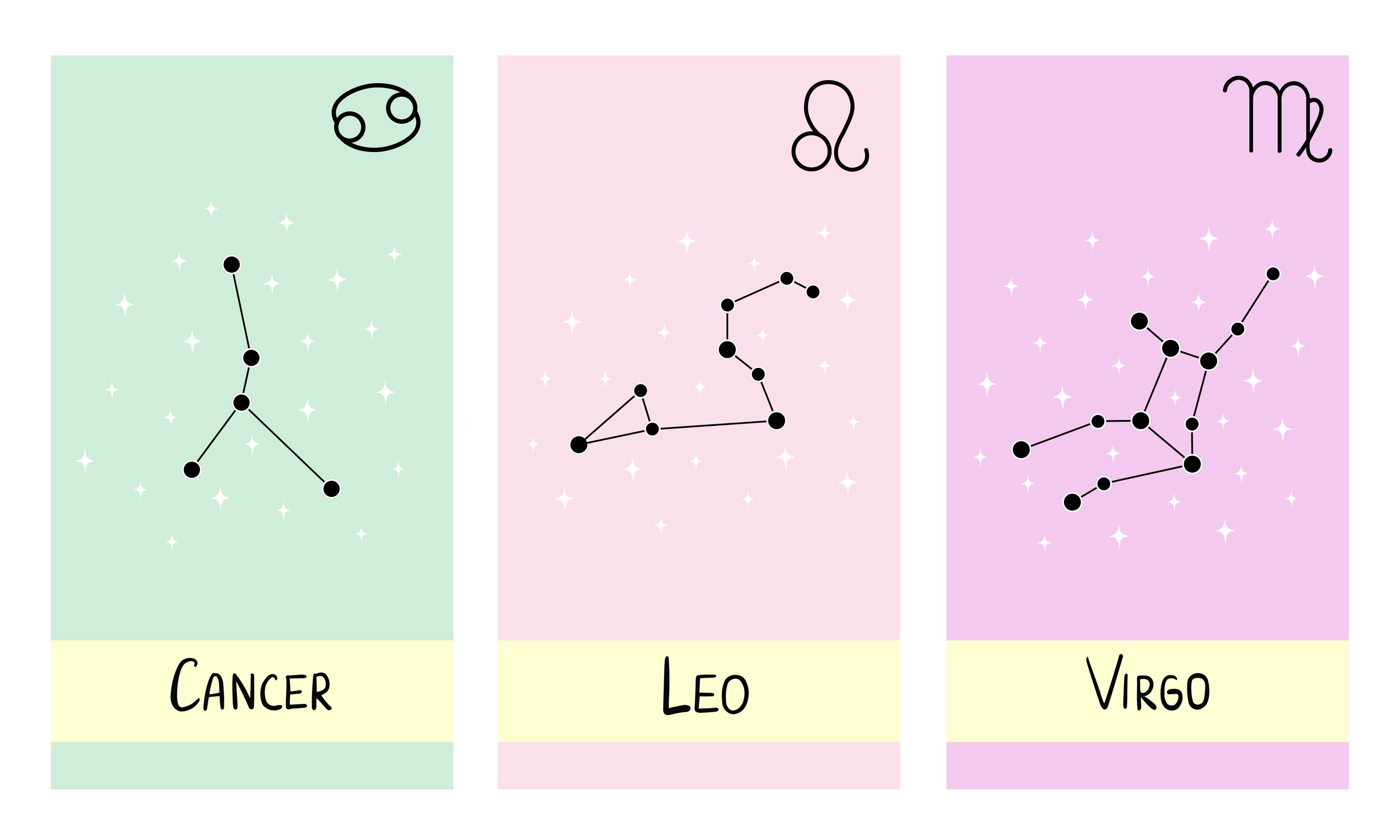 3333x2000 Star constellation zodiac cancer, leo, virgo. Illustration for printing, background, wallpaper, covers, packaging, greeting cards, posters, stickers, textile and seasonal design