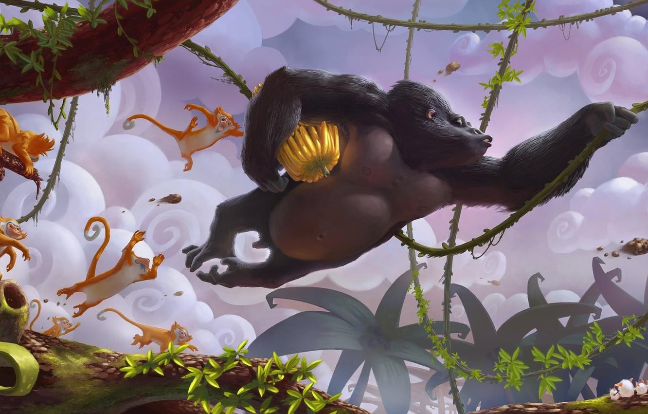 1332x850 Wallpaper jungle, Szymon Biernacki, bananas, gorilla, Banana Split image for desktop, section животные