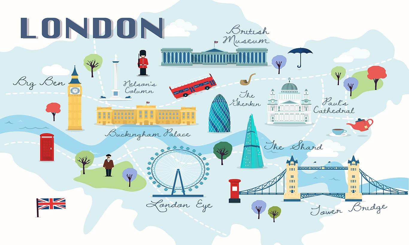 1366x820 Kids Map of London Landmarks Wallpaper Mural
