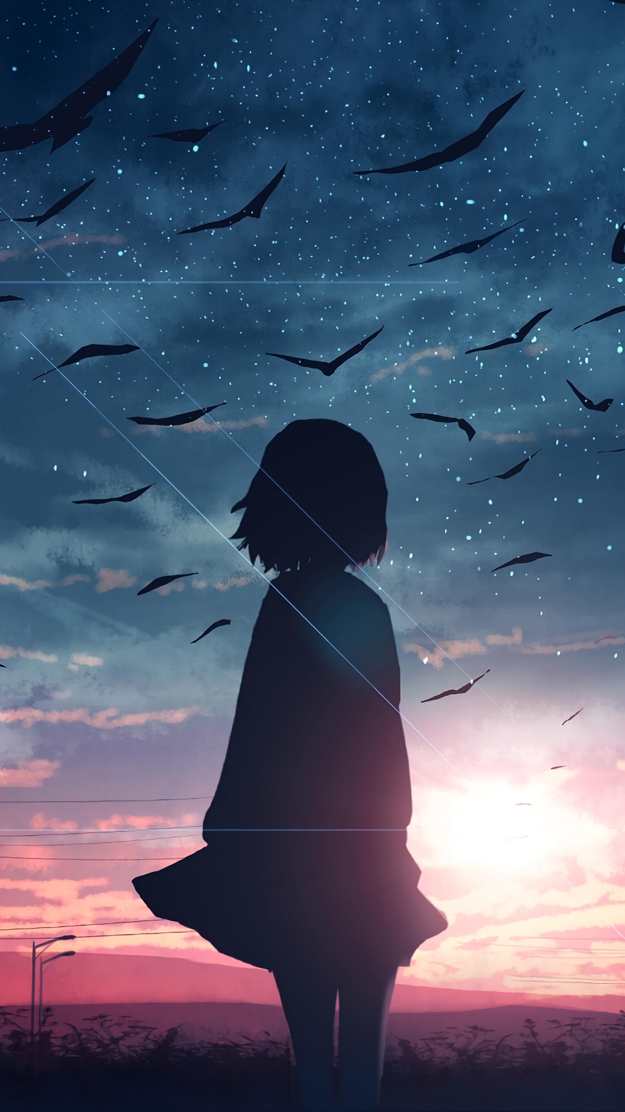 2160x3840 Sunrise, Anime, Girl, Silhouette, Scenery, 4K HD Phone Wallpaper