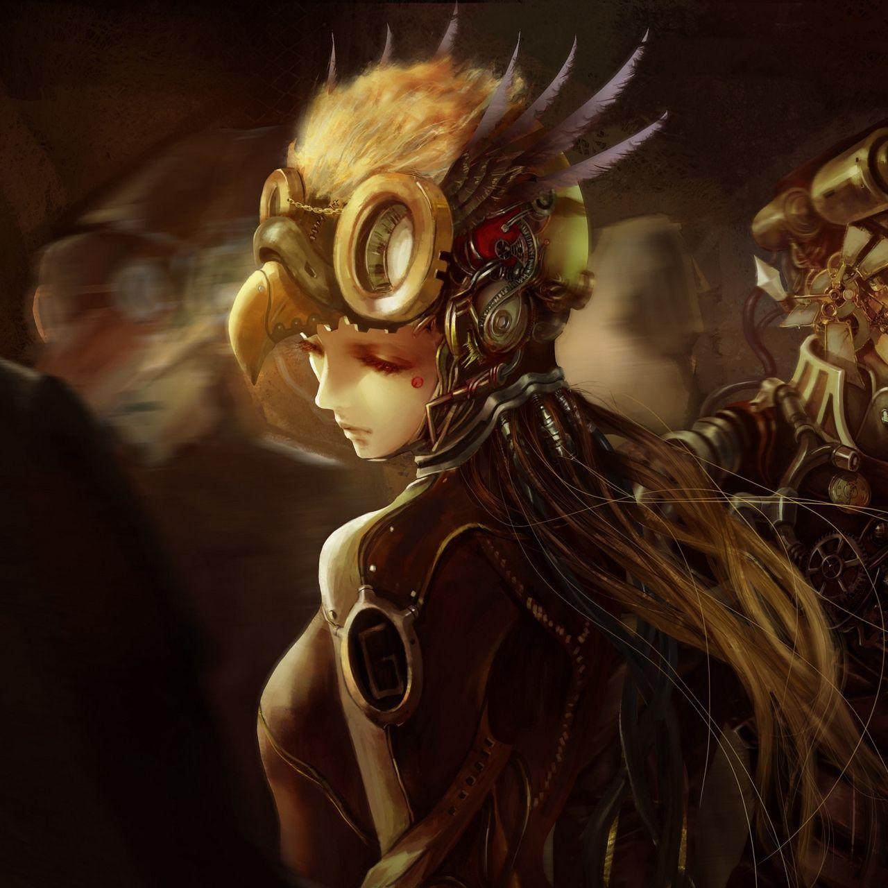 1280x1280 Download wallpaper 1280x1280 art, steampunk, mask, armor, girl, boy